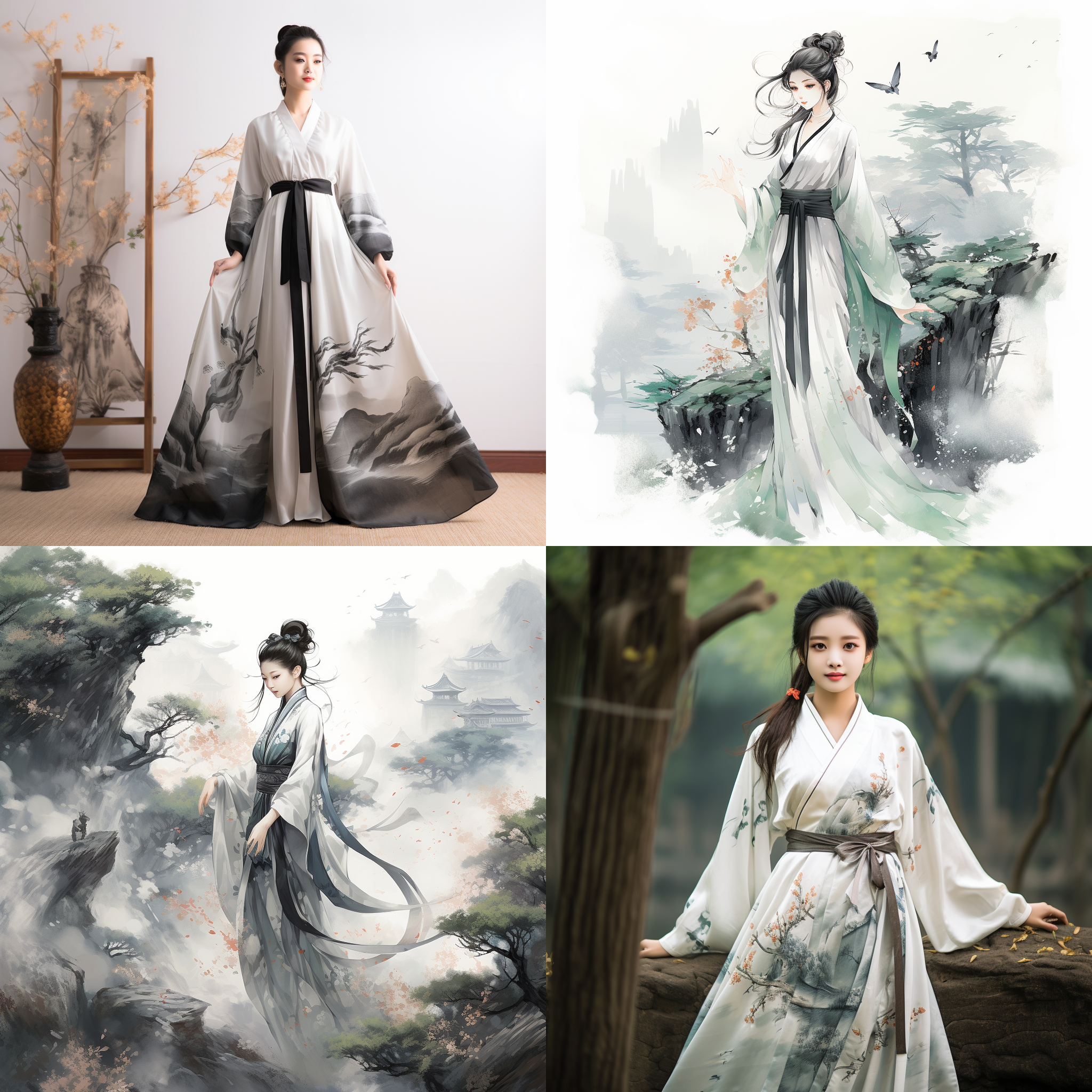 中国水墨 奇幻森林 全景 全身 汉服 园林 八卦 双马尾 疑惑 中国水墨 奇幻森林 全景 全身 汉服 园林 八卦 双马尾 疑惑