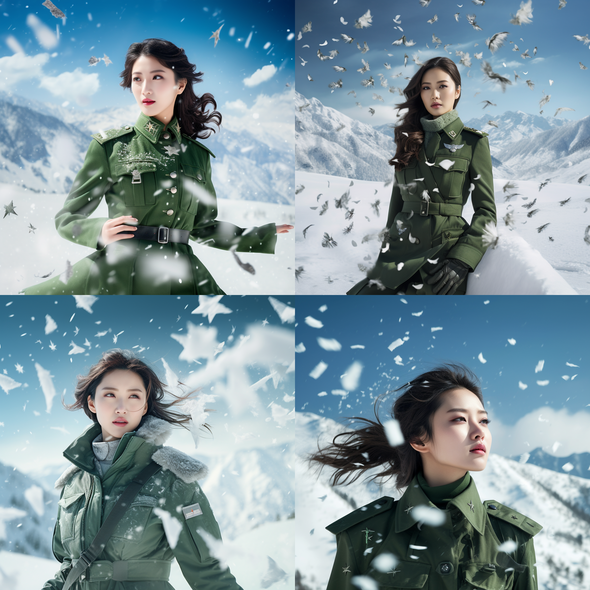 绿色军装，中国女青年，美丽的雪花在空中飘舞，落在一片宽广的雪原上。照片以对角线构图，展示出广阔的环境和壮丽的山脉背景。使用宽镜头捕捉到细腻的雪花纹理，并通过柔和的侧光增强了画面的层次感。色彩鲜明，呈现出冰雪世界的冷静与纯净。照片中的人物微笑着抬头望天，传递出对未来的信心和希望。