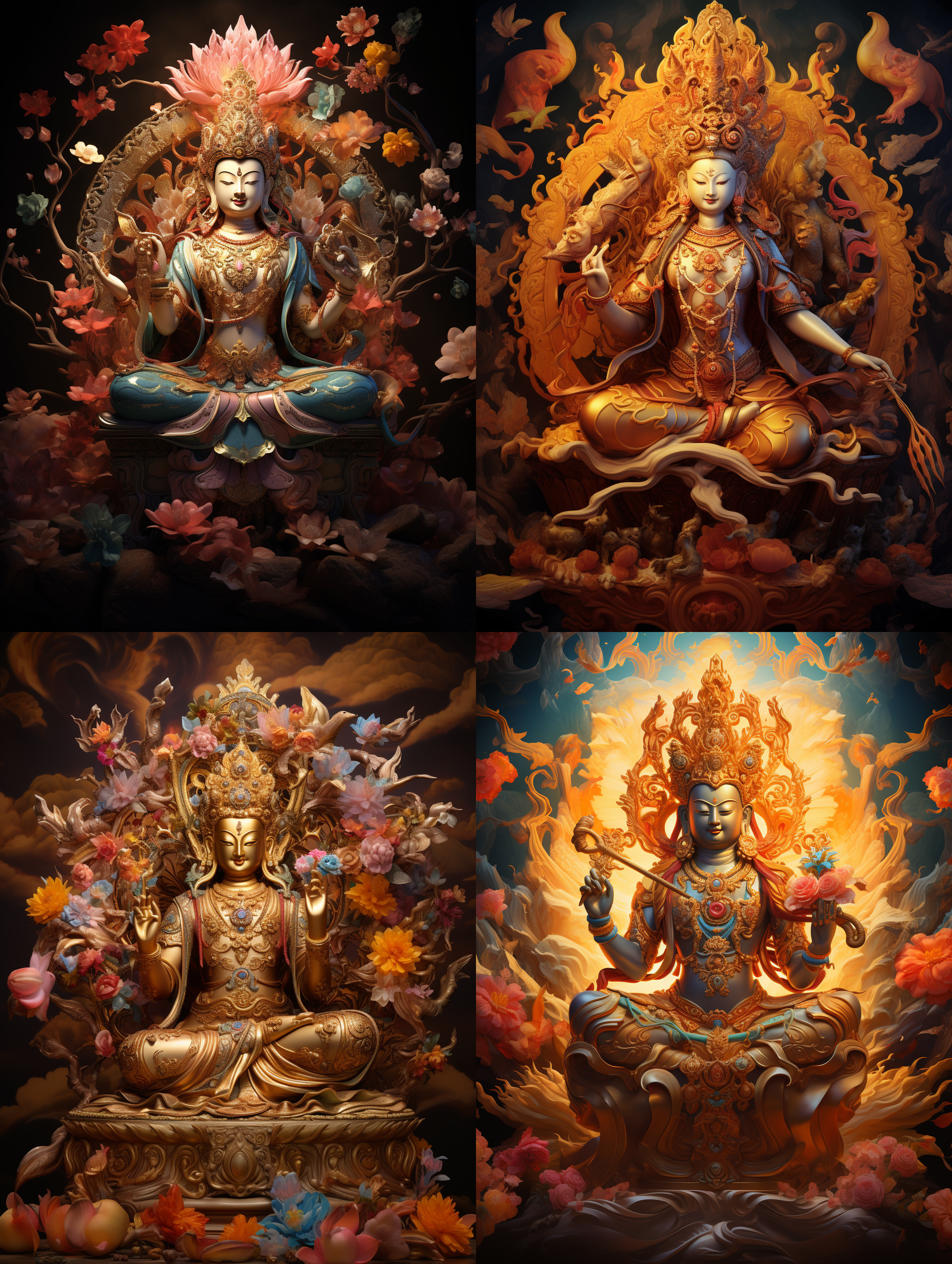 唐卡，文殊菩萨，金色背景，细致的绘画，绚丽多彩，丰富的符号，庄严肃穆，光线透亮，细节精细，令人敬畏，平静。3d，超级细节oc渲染