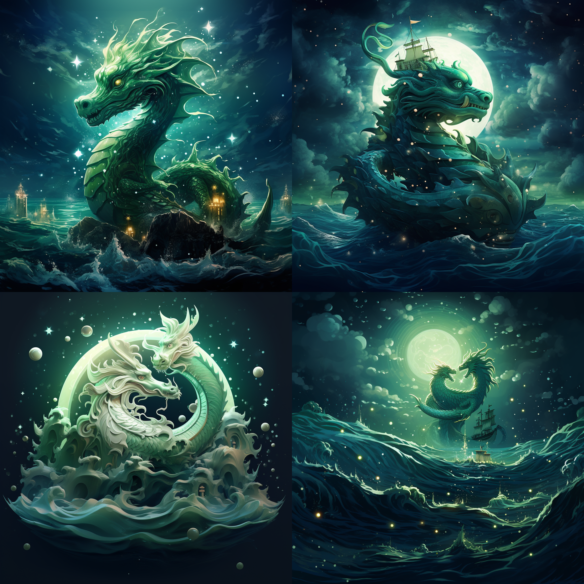 夜晚的大海，星星月亮洒在海面，海中泛着星光，有一条青龙在海中央，梦幻，3d风格