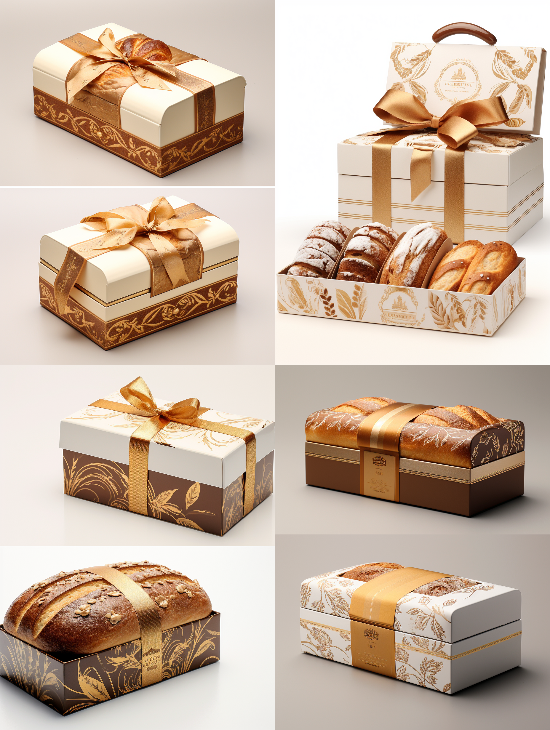 设计一款高档面包礼盒，金色和棕色，专业配色，正面，侧面，高清展示，白色背景 