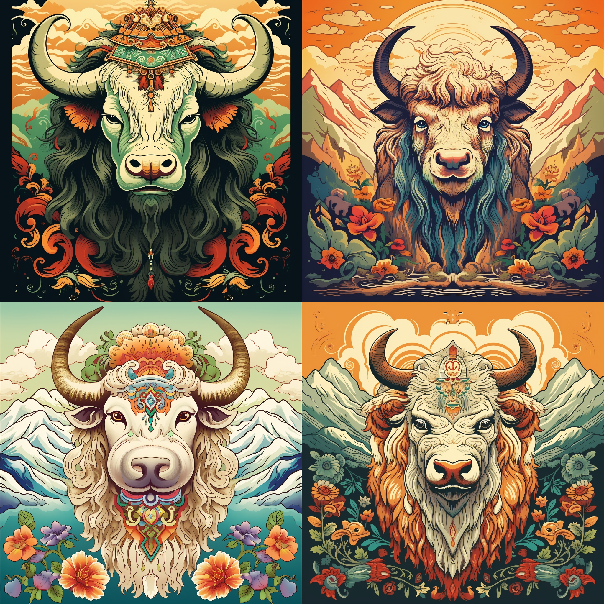 用牦牛设计一幅优美的海报，线条流畅清晰，颜色清新淡雅，浅黄淡绿色主调。有藏唐卡绘画传统的文化符号