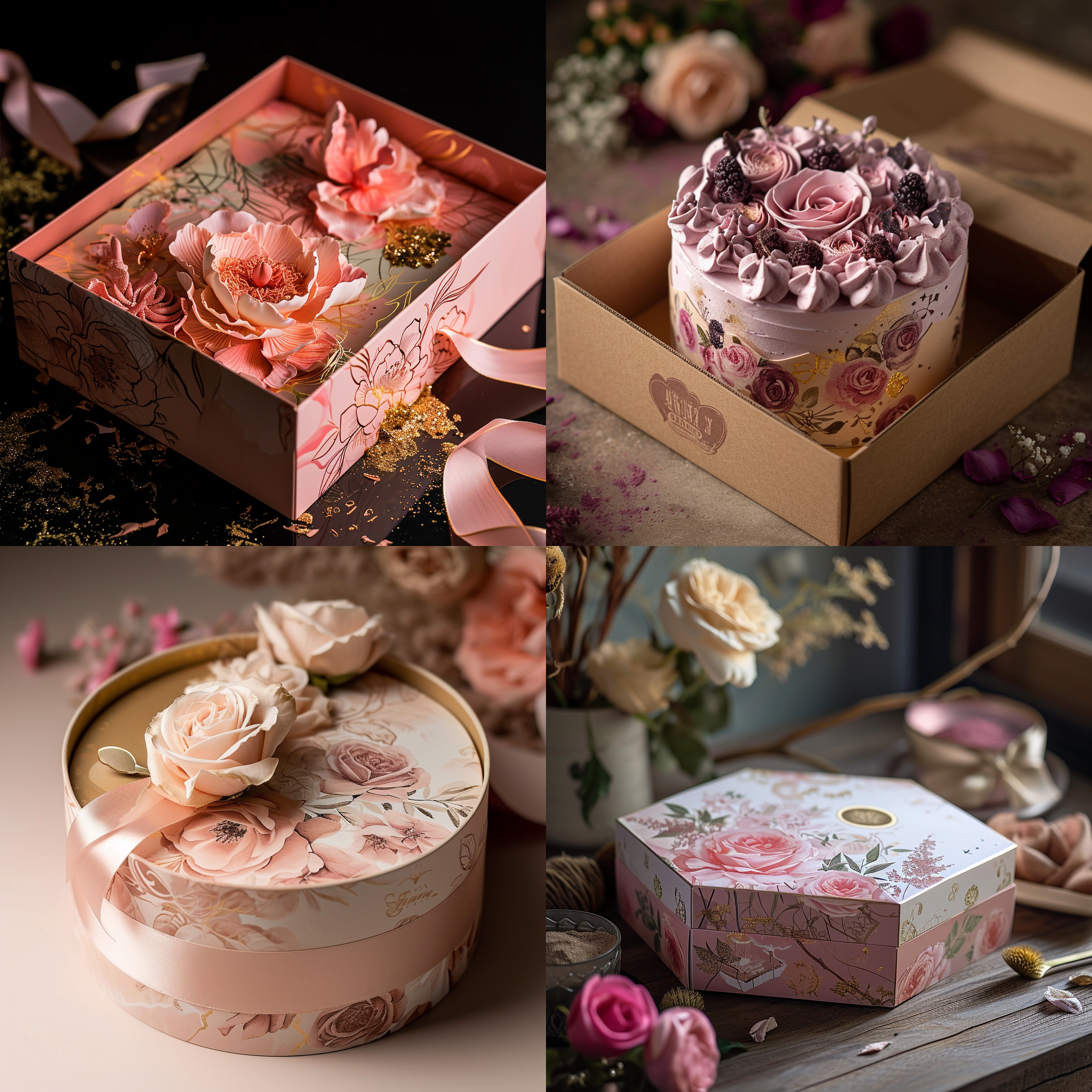 一个造型独特的蛋糕包装盒，大胆的想象，浪漫风格,梦幻般的插画，玫瑰花元素，瓦楞纸材质,高细节,产品摄影，影棚光照，浪漫婚礼氛围 空中花园 玫瑰金 粉 空中花园 玫瑰金 粉