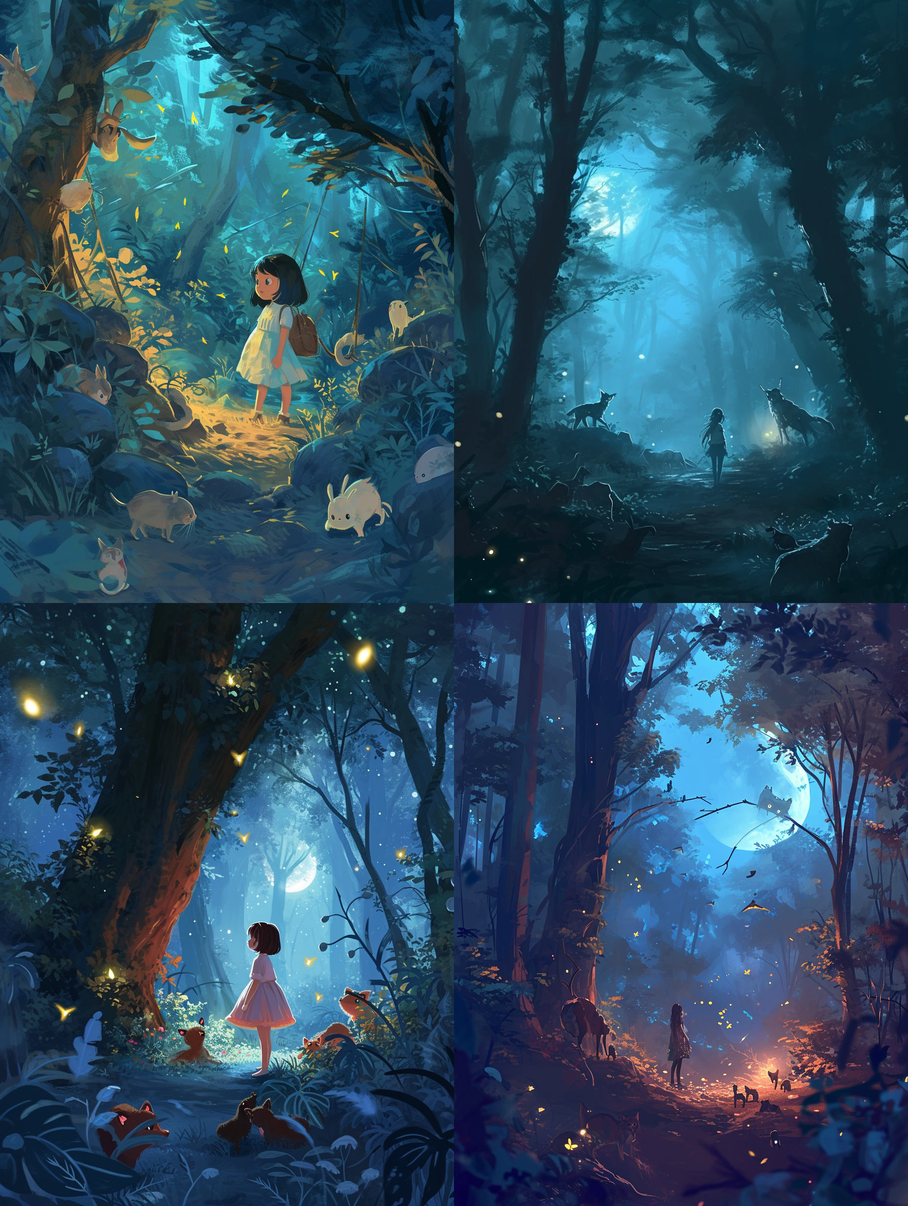 背景：夜晚的森林，月光照亮了一片神秘的地方。 场景：一位少女在森林中穿梭，与林间的小动物互动。 细节：月光下的森林，小动物们围绕着少女，树上的萤火虫发着光。 环境：夜晚的森林，宁静而神秘。 风格：以手绘的方式表现，注重细节和色彩的搭配。 构图：少女站在画面中央，森林和小动物们环绕着她。 色彩：主要使用了蓝色和紫色等冷色调，强调夜晚森林的宁静。 渲染：通过柔和的色彩过渡和细腻的笔触，使画面更富有层次感。