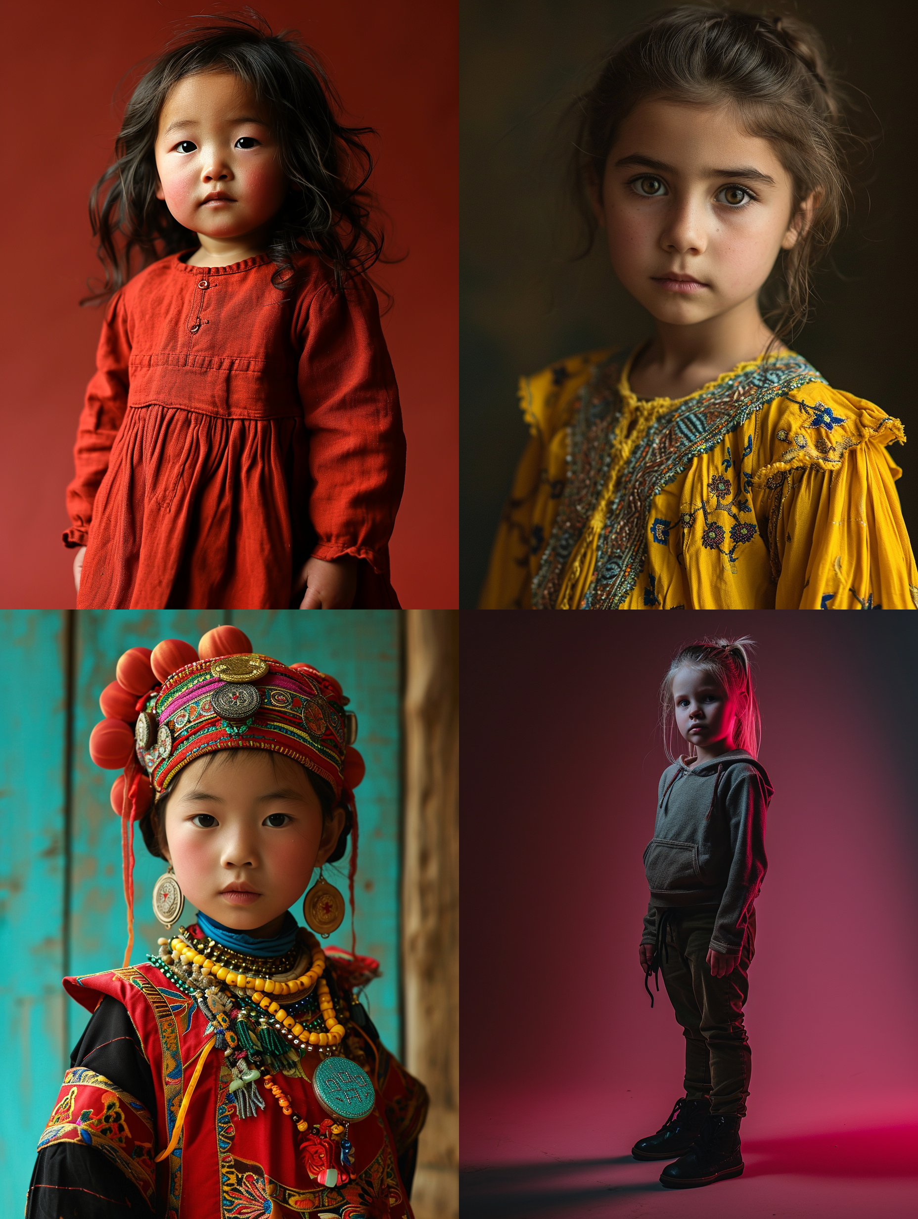 一个东方小女孩，纯色背景，摄影纪实，莱卡镜头 中景，全身，面对镜头 