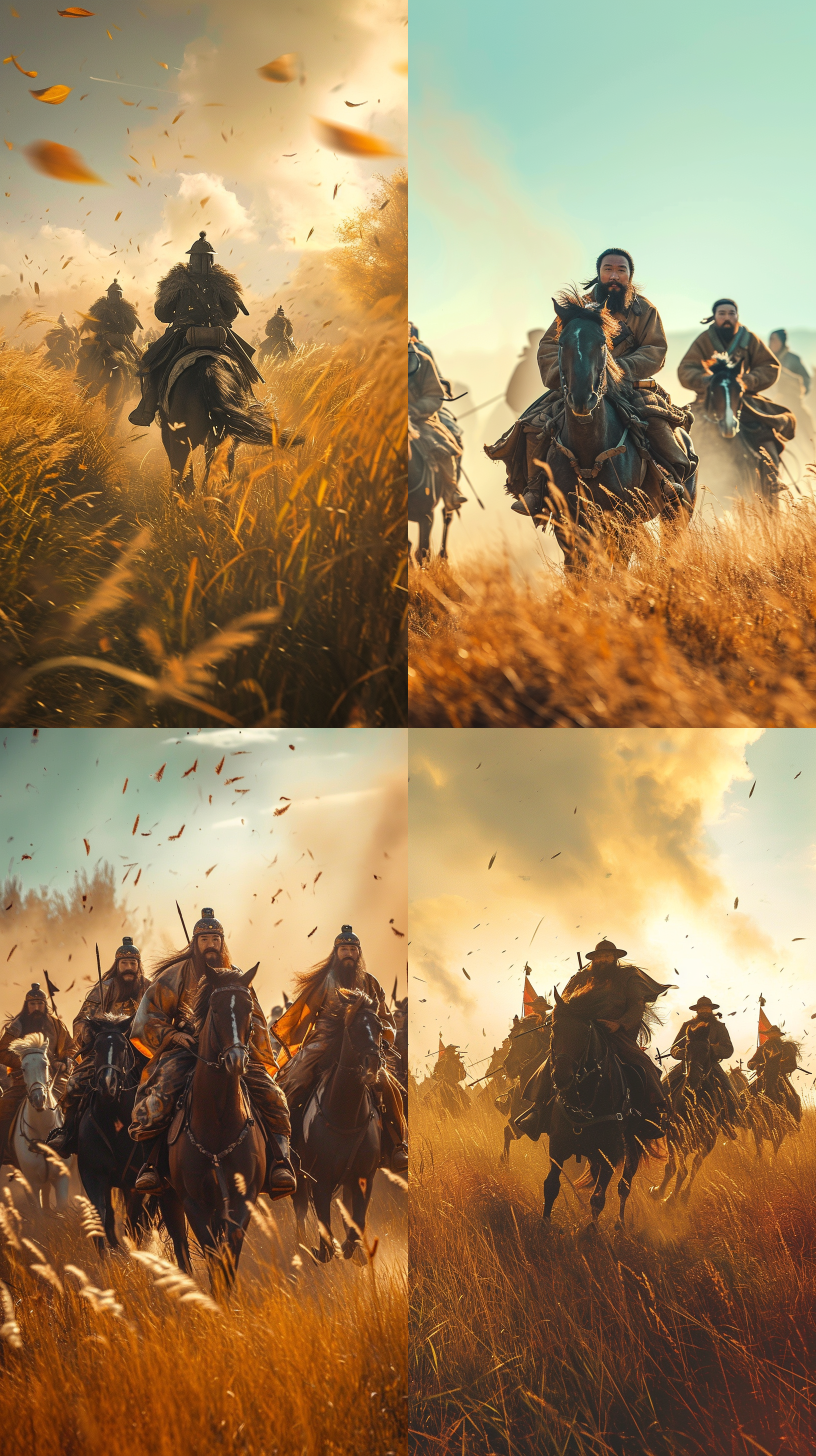 草原秋色，骑马将军，长须飘扬，千军万马呐喊，长天一色，高速快门，广角镜头，逆光，黄褐色调，威严。