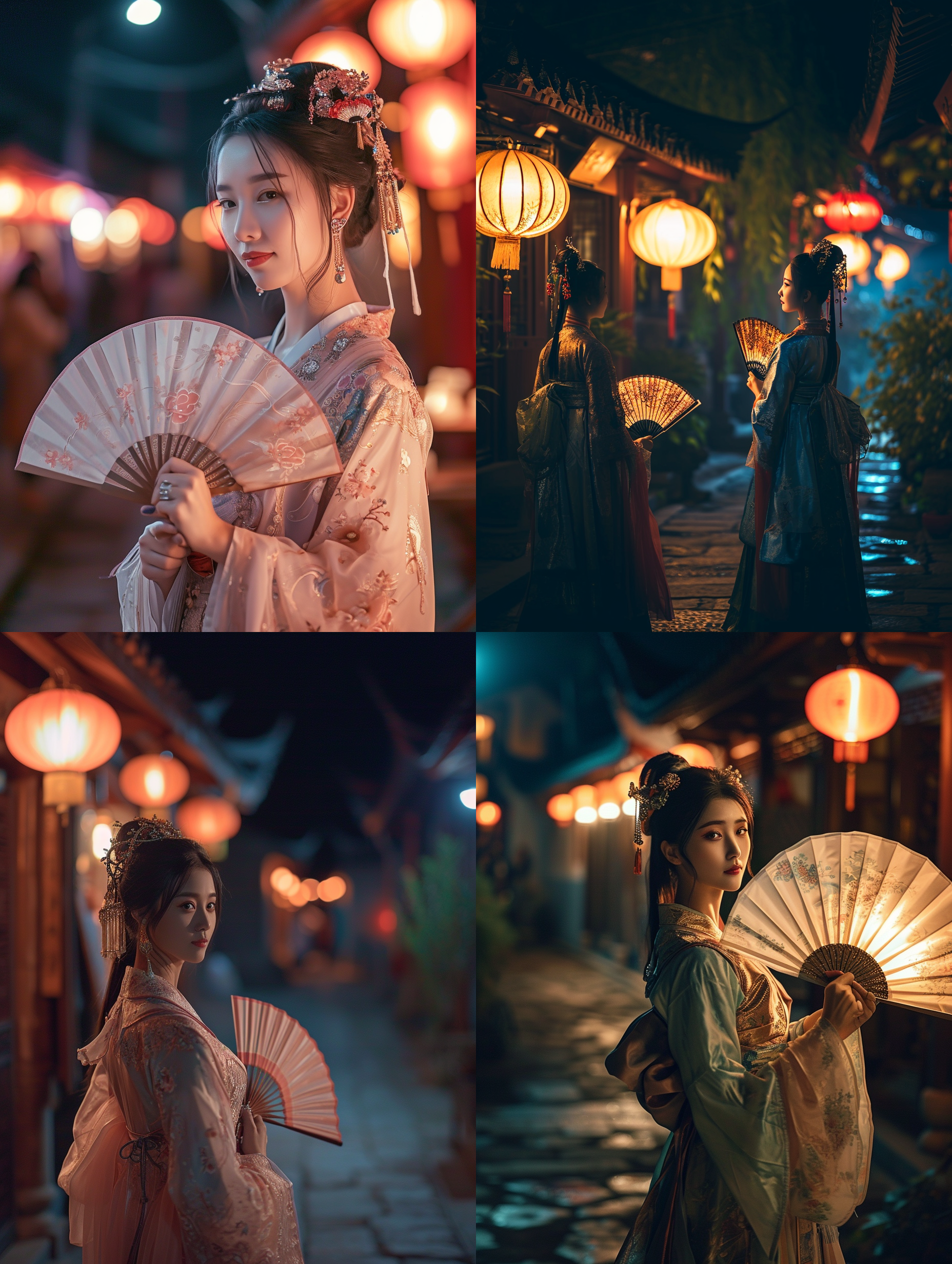 汉服美女小姐姐手持扇子，身着古装，在古老村落中照亮夜晚。广角镜头捕捉到她精致的五官和村落的细节。摄影风格写实，灯火通明，色彩丰富，突出夜景的神秘感。夜景，广角镜头，写实风格，灯火通明，色彩丰富，神秘感