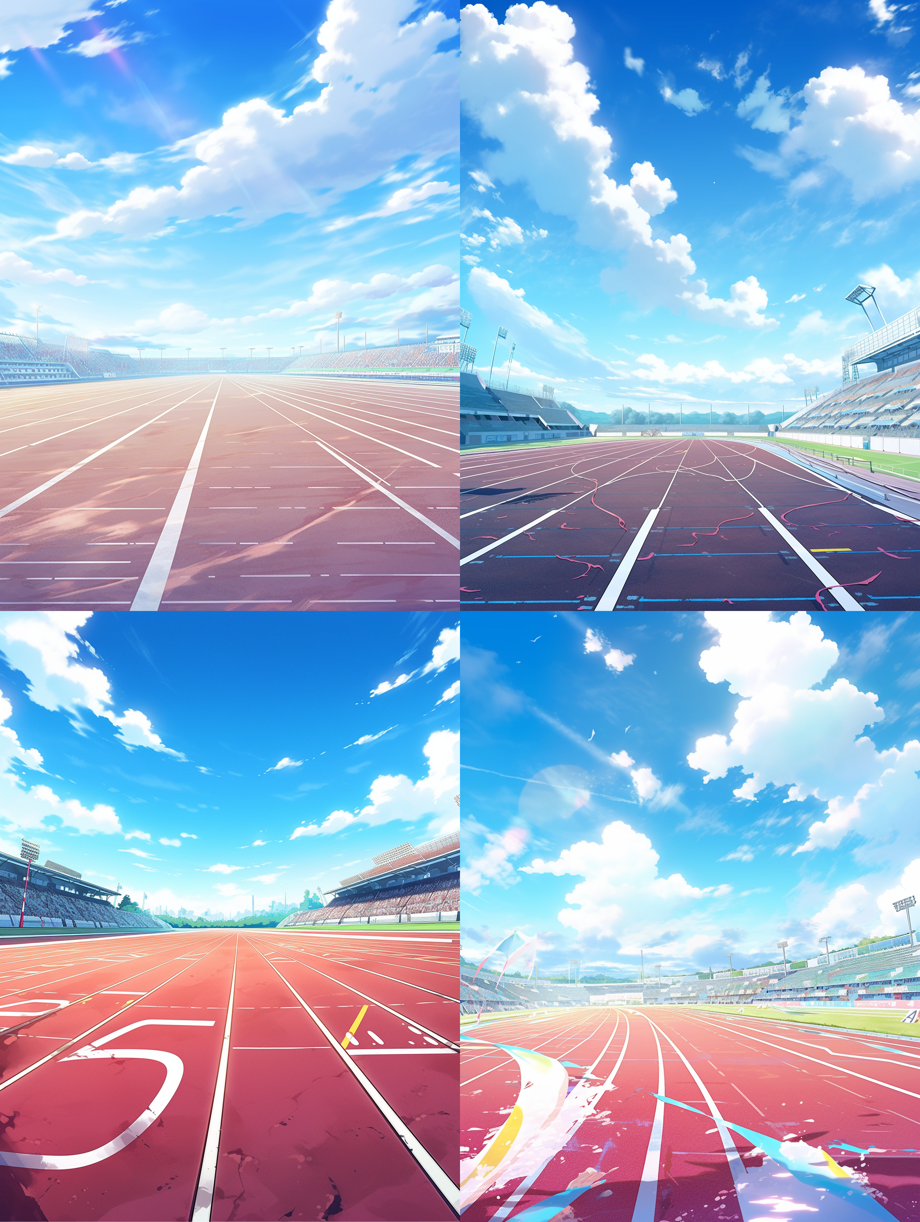 俯视角度，百米赛道，高速运动模糊，蓝天白云背景，彩色卡通风格，运动服装，专注表情，紧绷肌肉，动感线条，充满活力。