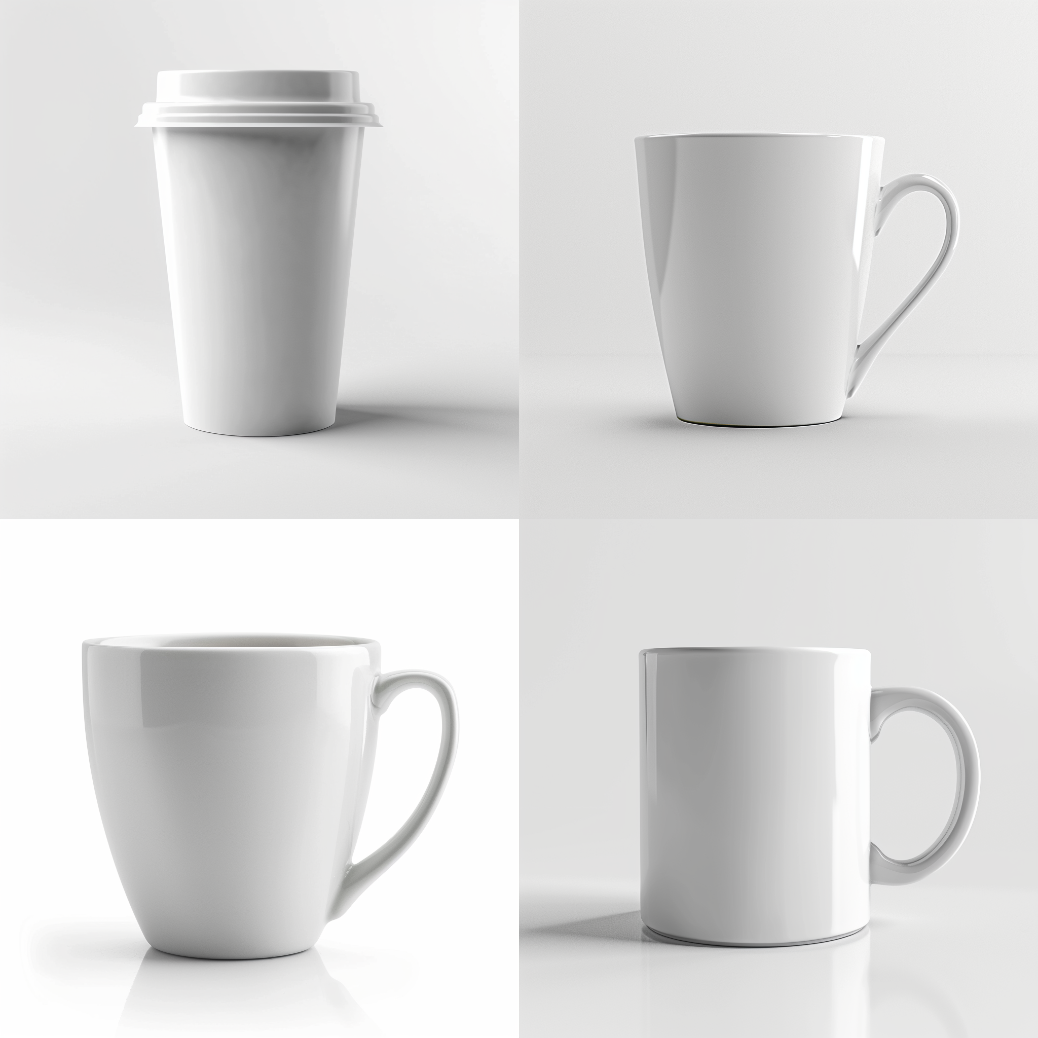 圆柱形聚丙烯材质的白色咖啡杯，300ml，前视图，深度聚焦构图，摄影棚白色背景