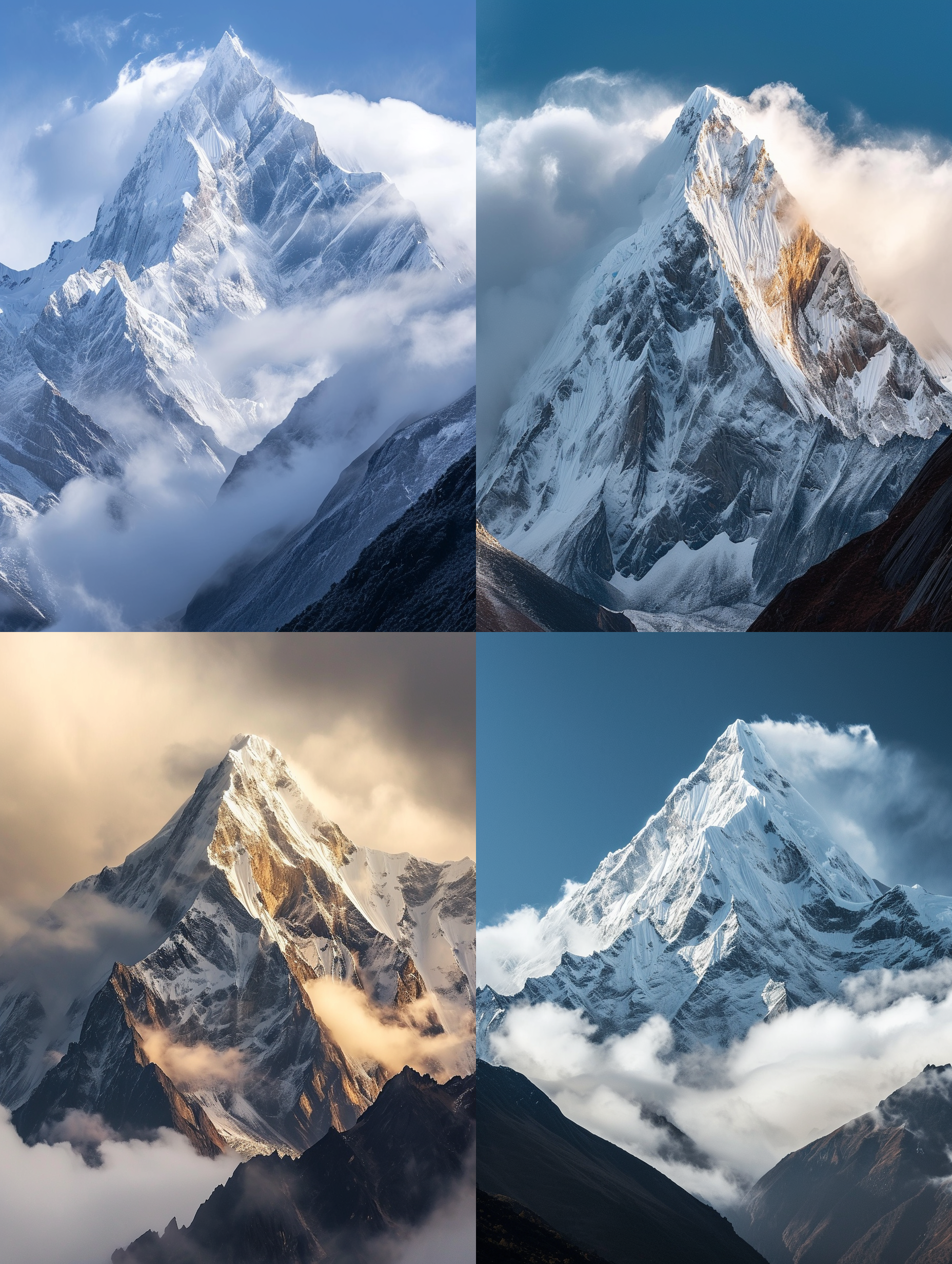 博格达峰，壮丽的山峰照片。峰顶覆盖着白雪，它高耸入云，与周围的山脉形成对比。使用长焦镜头拍摄，突出了峰顶的细节。明亮的阳光照射在山脉上，创造出梦幻般的光影效果。图片充满力量和壮丽感，给人一种震撼的视觉体验。