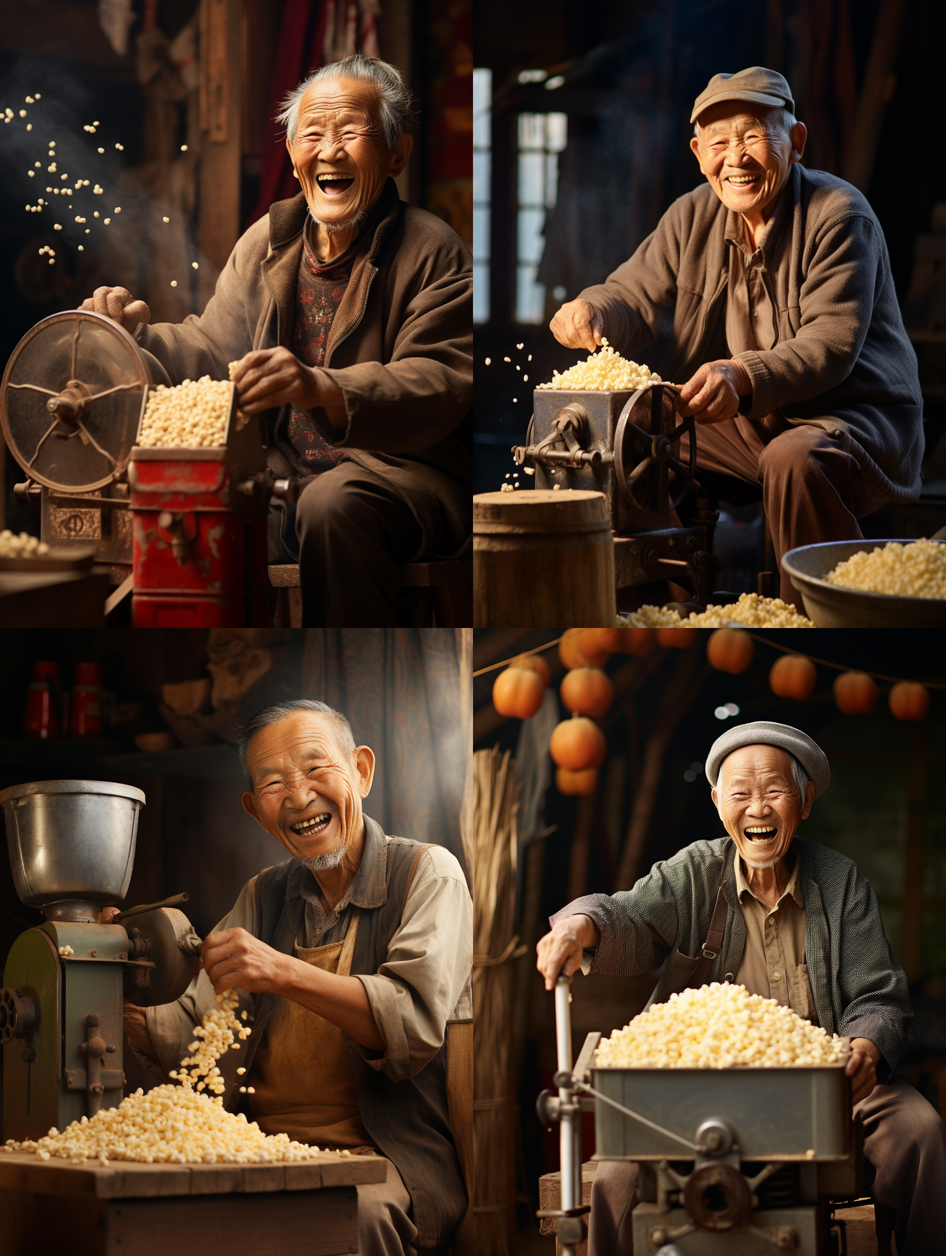 一个中国乡村老人，小板凳，老式手摇爆米花机，专注，快乐，乡村气息背景