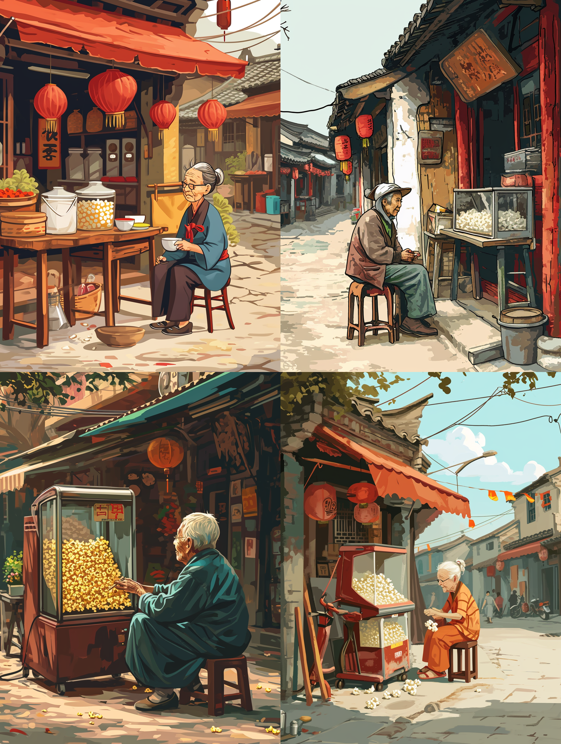 一个卡通中国乡村老人，小板凳，老式爆米花机，专注，快乐，乡村街道气息背景