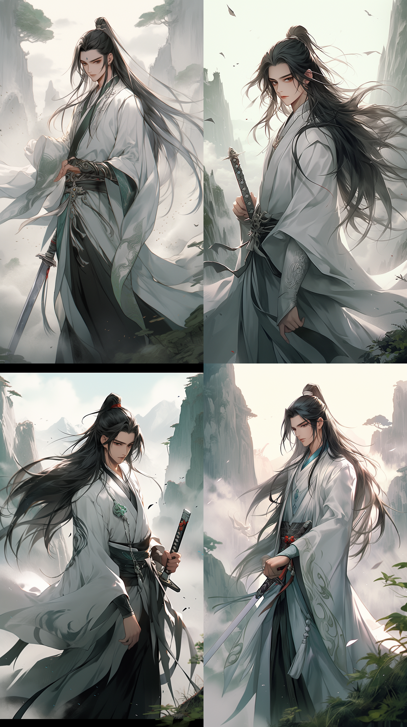 中国风长发帅哥，全身像，黑色眼睛，白色衣服，双手握着剑柄插在地上，传统服饰，君子如玉。远山青翠，云雾缭绕，朦胧效果，暖色调，柔和光线，自然动作，自信微笑，阳光透过树叶洒下，唤起喜悦与豪情
