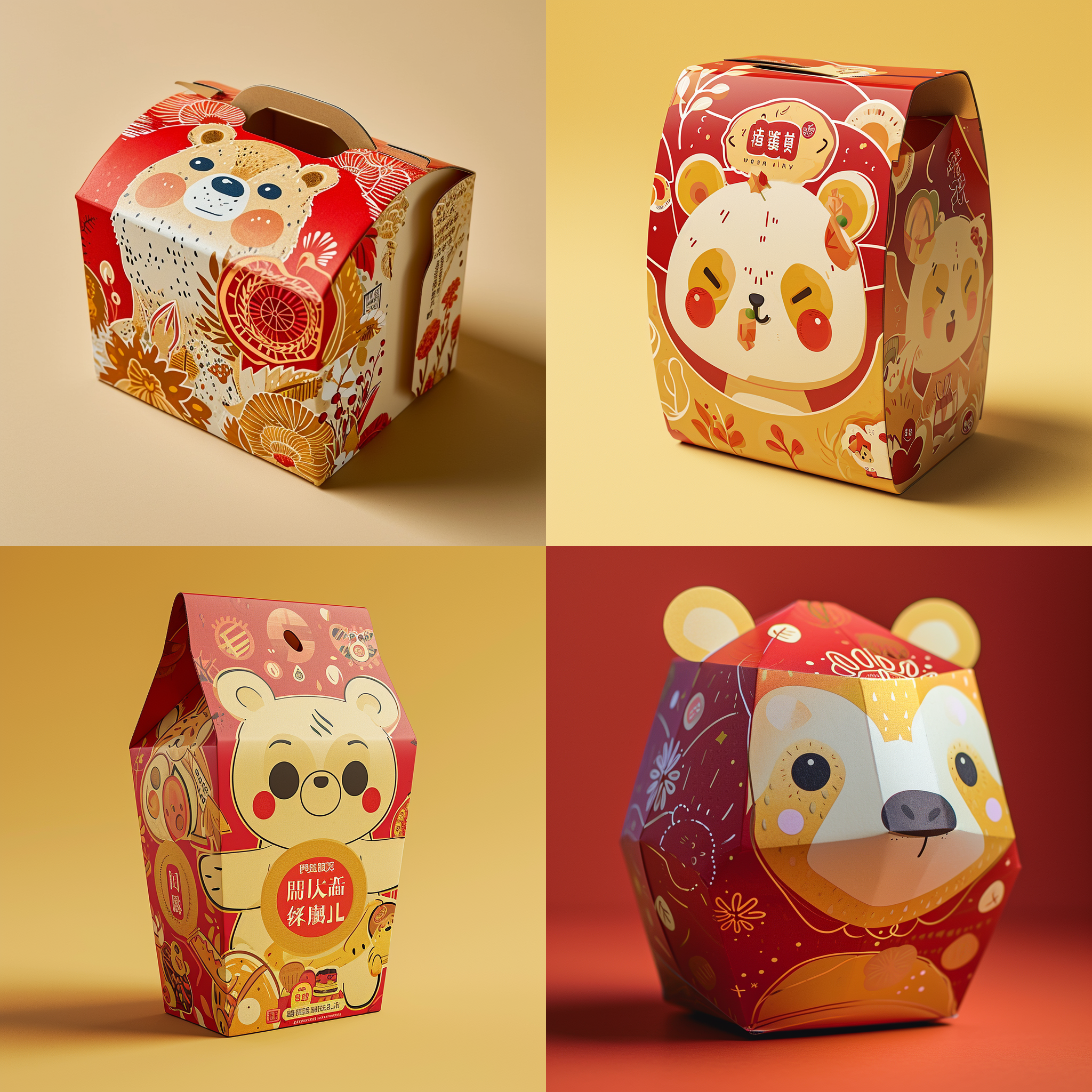 一个造型独特的零食包装盒，大胆的想象，淡金色与红色主色调，卡通风格,梦幻般的插画，小熊元素，瓦楞纸材质,三色印刷，高细节,产品摄影，影棚光照