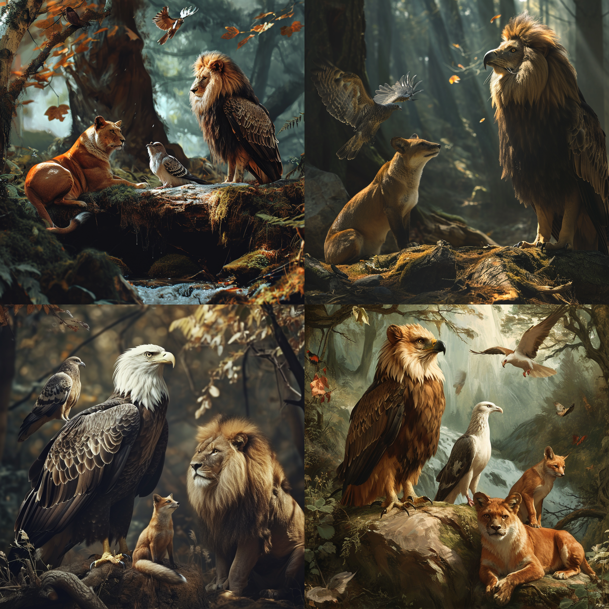photo, highest quality, realistic, an eagle, a pigeon, a fox and a lion living in a forest