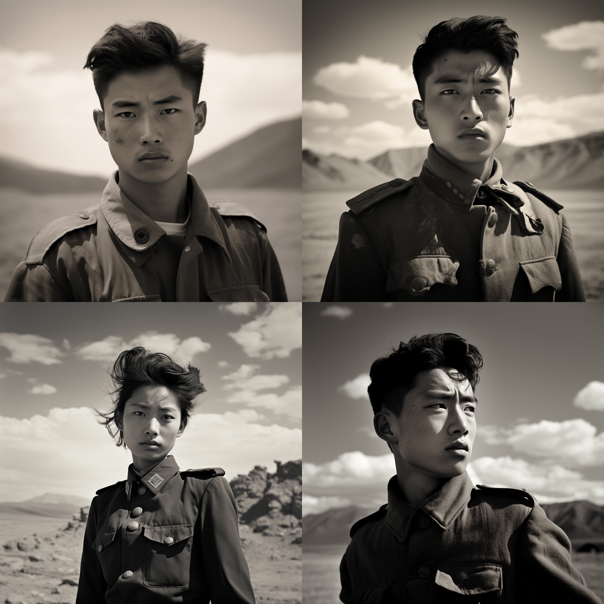 中国青年，绿色军装，我依然固执地铺平失望的灰烬，黑白摄影，广阔的沙漠，远处的山脉，长焦镜头，逆光，细腻纹理，微风吹拂，坚毅。