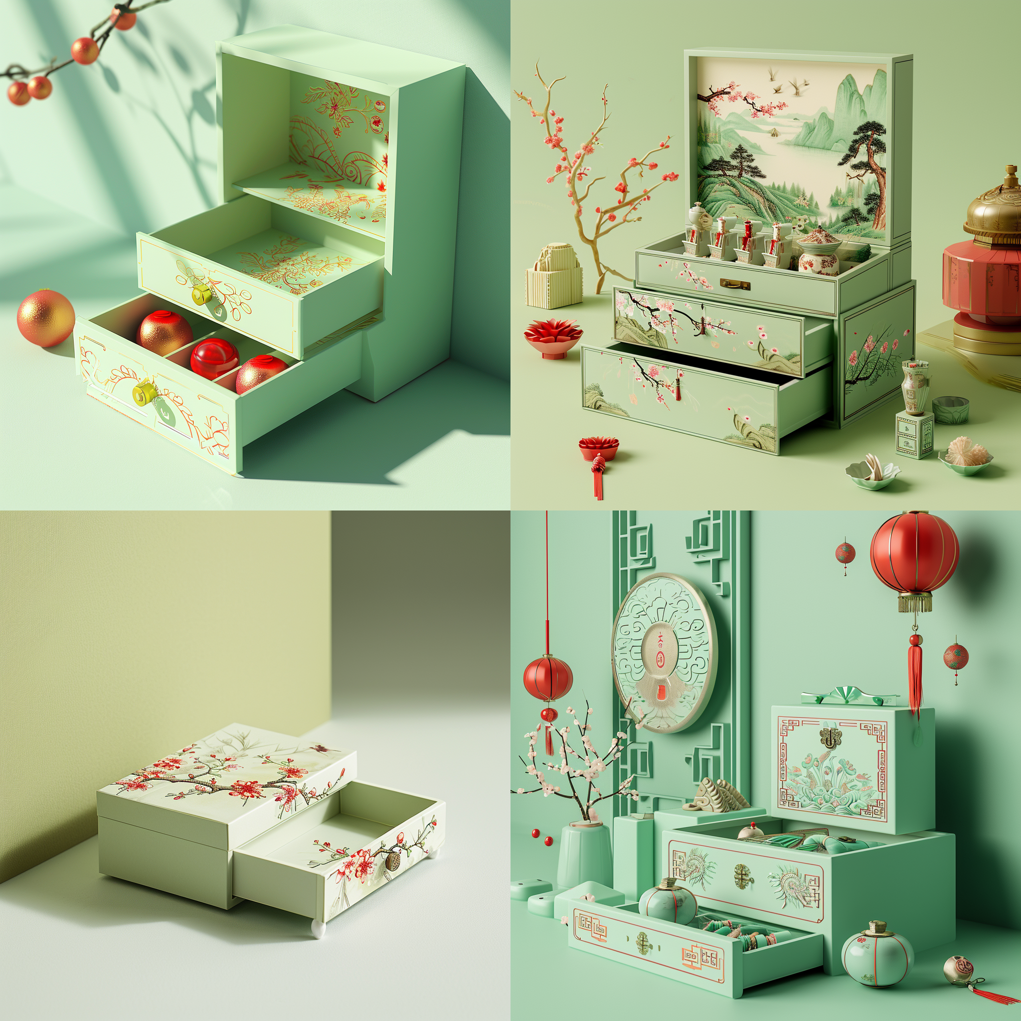 一个抽纸盒，浅绿色，国潮风格,梦幻般的插画，白卡纸材料,高细节，三色印刷，产品摄影，影棚光照，中国新年氛围