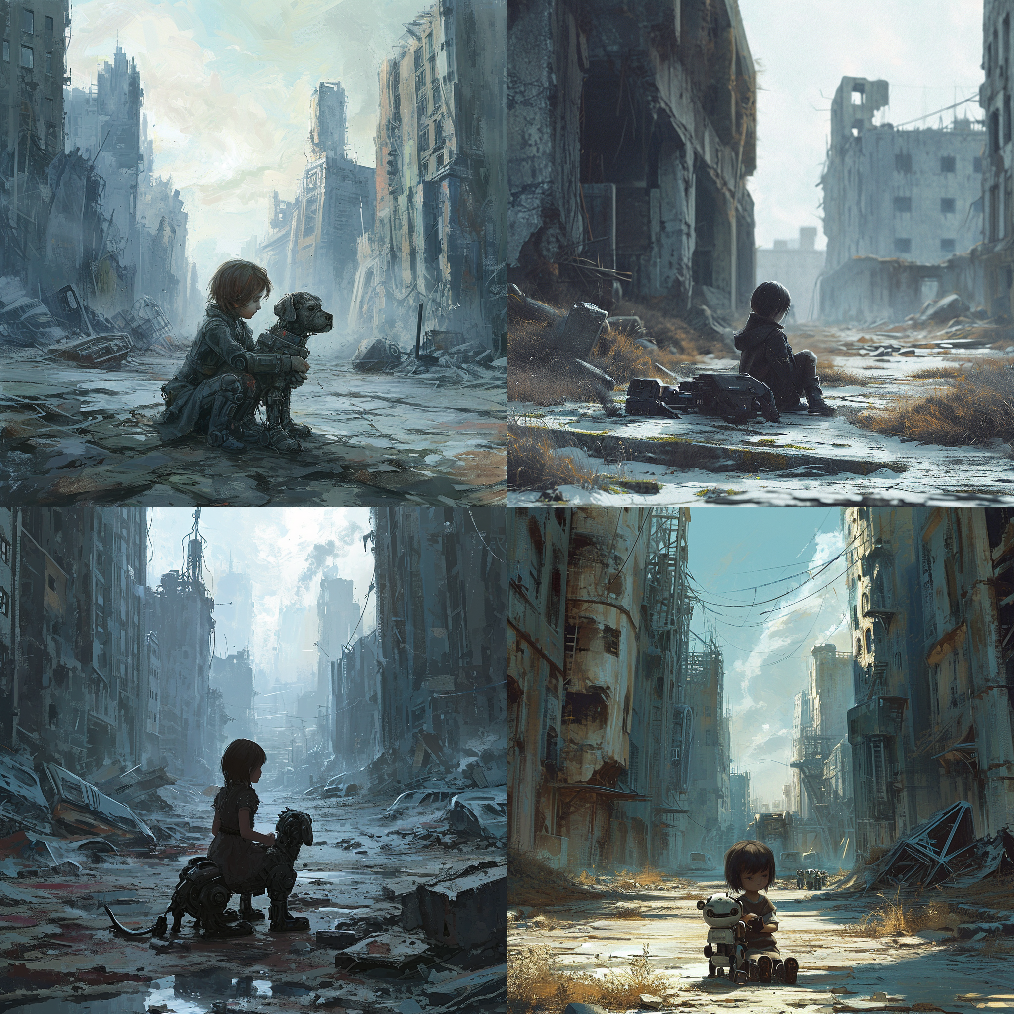 细节：在一个被废弃的城市中，一个小女孩抱着一只机器狗坐在废墟上。 环境：整个画面被冷色调的灰色和蓝色包围，营造出一种荒凉而寂寞的氛围。 风格：以科幻为主题，运用硬笔画风表现出末世的冷酷与破败。 构图：小女孩位于画面中央，机器狗和废墟散布在周围，形成了一个富有情感的场景。 色彩：主要使用了灰色、蓝色和棕色等冷色调，突出了末世的荒凉与寂寞。 渲染：通过光影的表现和硬笔画风的笔触，使画面更富有层次感。 清晰度：高清晰度，让观者仿佛置身于流浪地球的世界中。