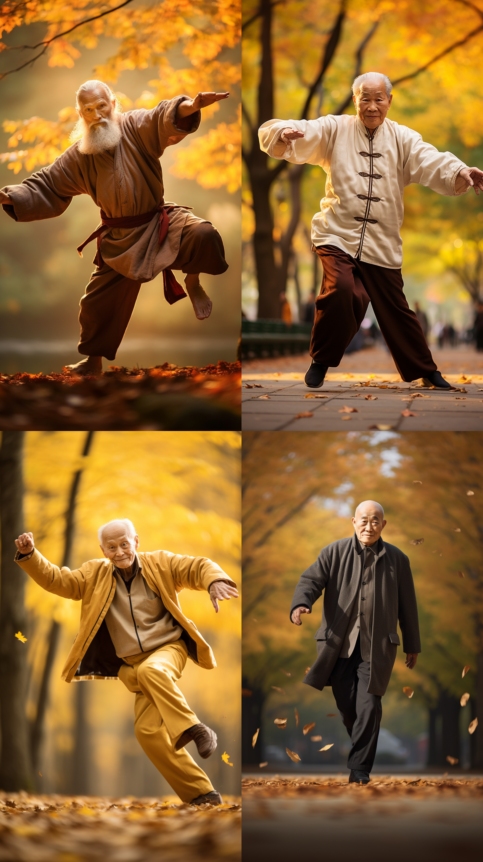 老人神态专注，气定神闲，身形矫健，太极拳动作流畅。镜头拉远，构图对称，突出老人的优雅与力量。色调柔和，暖色调与冷色调相间，呈现出宁静而又壮美的秋日景象。