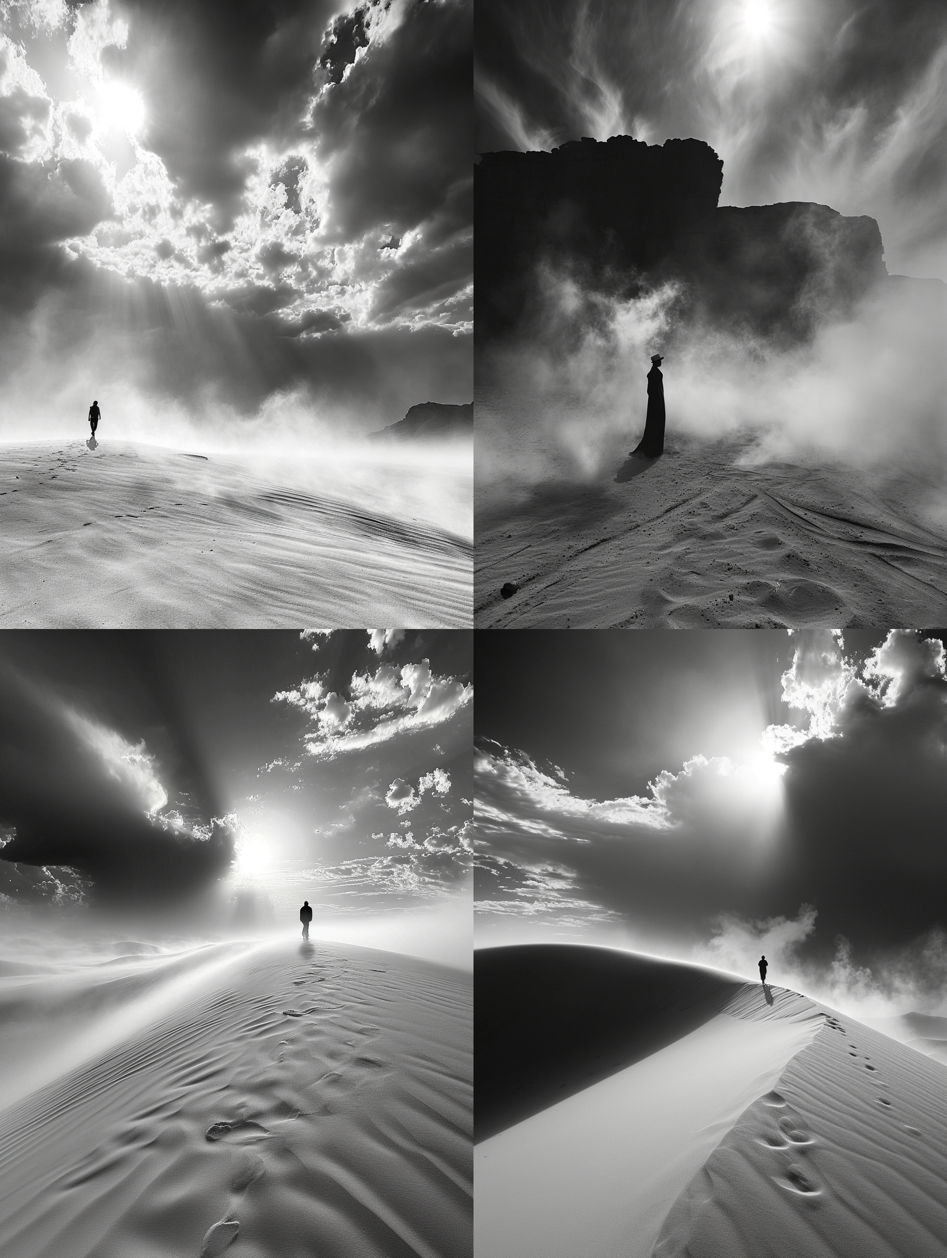 the wide angle lens captures the vast desert scenery, the high-contrast black and white style enhances the feeling of loneliness and endless, and the sun shines through the clouds, lighting up the entire scene. lonely smoke filled, let people feel the desert desolate and magnificent.