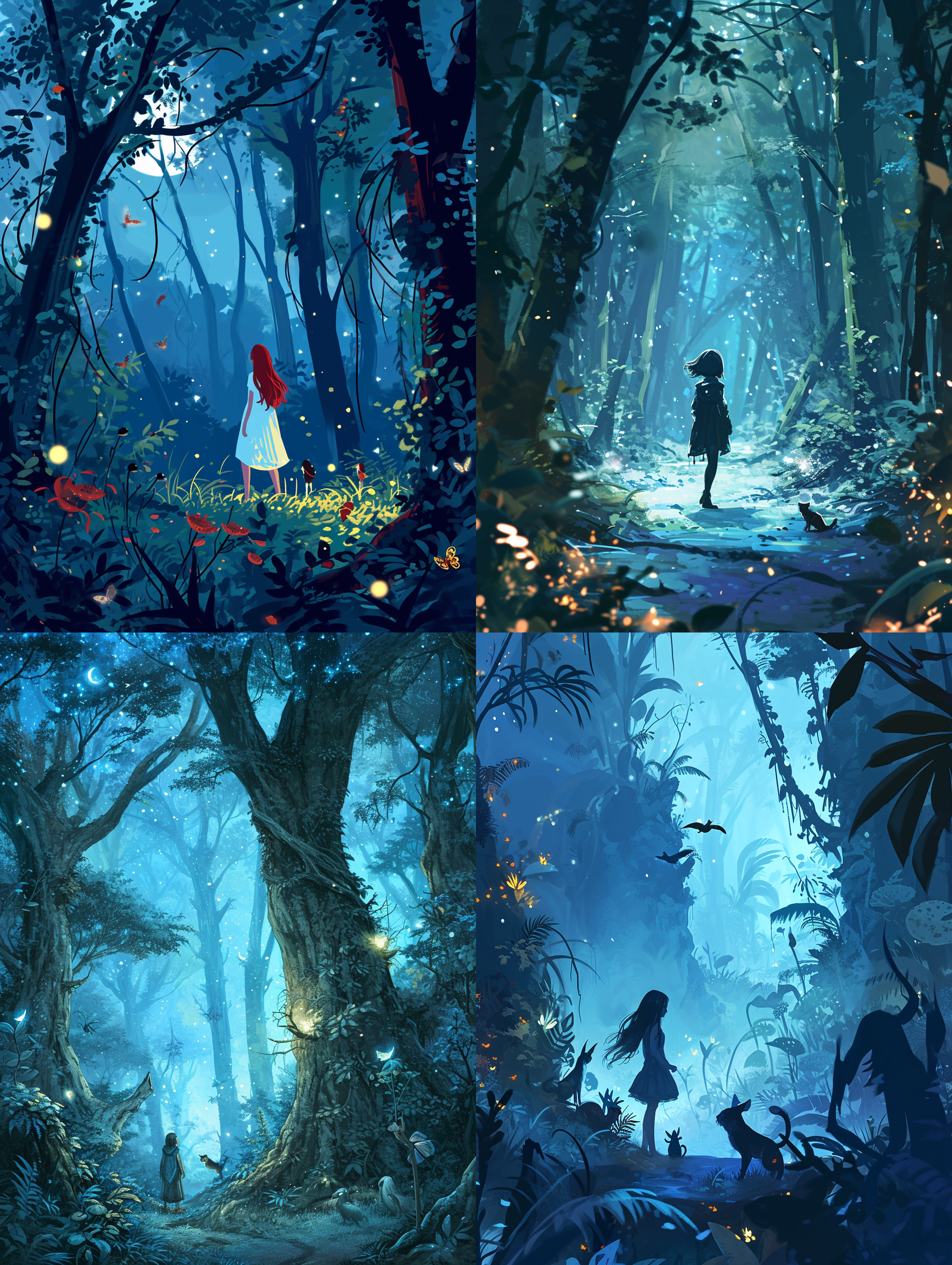  背景：夜晚的森林，月光照亮了一片神秘的地方。 场景：一位少女在森林中穿梭，与林间的小动物互动。 细节：月光下的森林，小动物们围绕着少女，树上的萤火虫发着光。 环境：夜晚的森林，宁静而神秘。 风格：以手绘的方式表现，注重细节和色彩的搭配。 构图：少女站在画面中央，森林和小动物们环绕着她。 色彩：主要使用了蓝色和紫色等冷色调，强调夜晚森林的宁静。 渲染：通过柔和的色彩过渡和细腻的笔触，使画面更富有层次感。