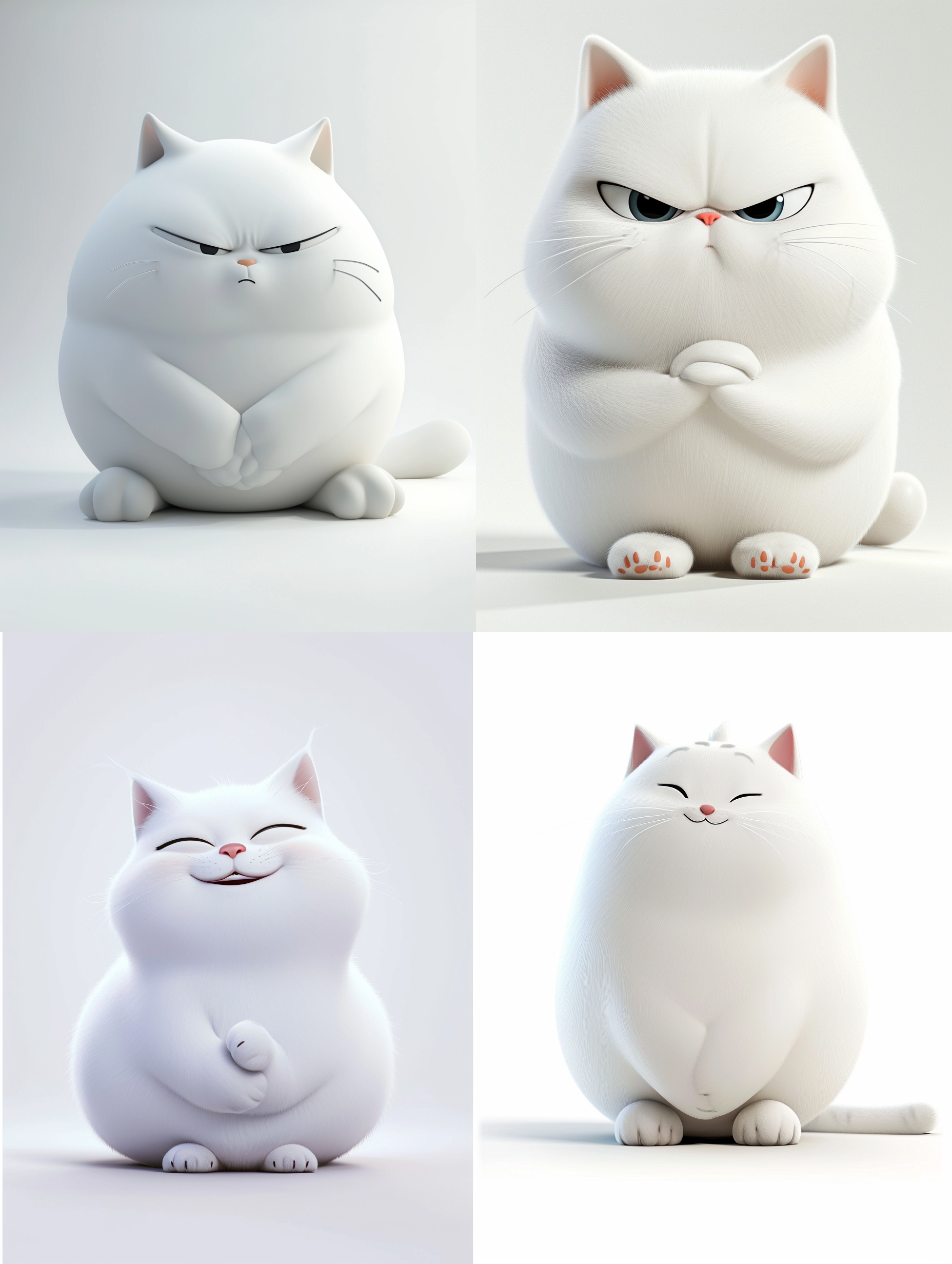 卡通3d可爱白色肥嘟嘟的猫咪，皮克斯风格，表情奶凶奶凶，坐在纯白地上，纯白背景，照片风格明亮温，充满生机，细节丰富，表达出宠物的可爱和奶凶 