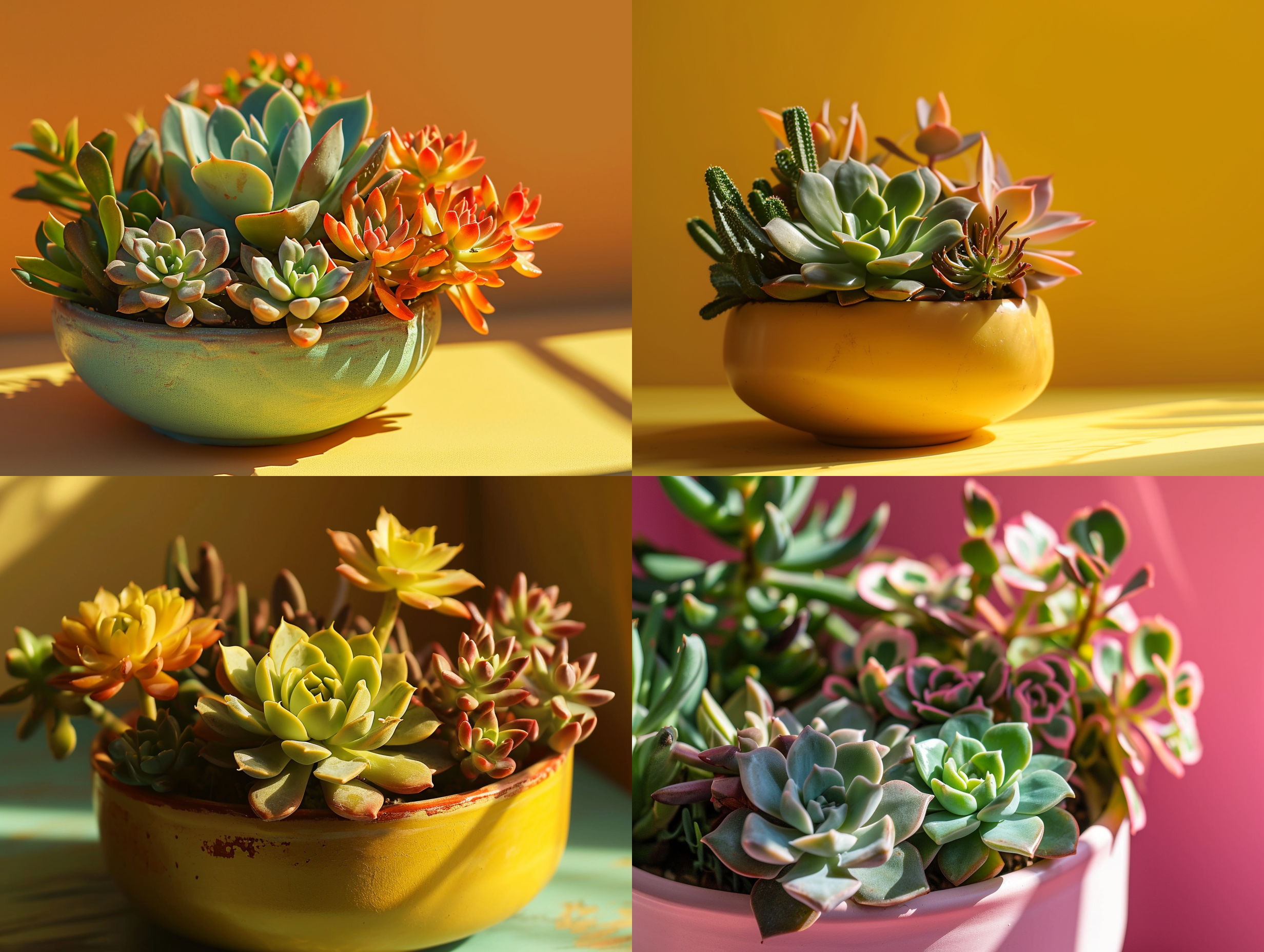 一盆多肉植物，阳光下，纯色背景