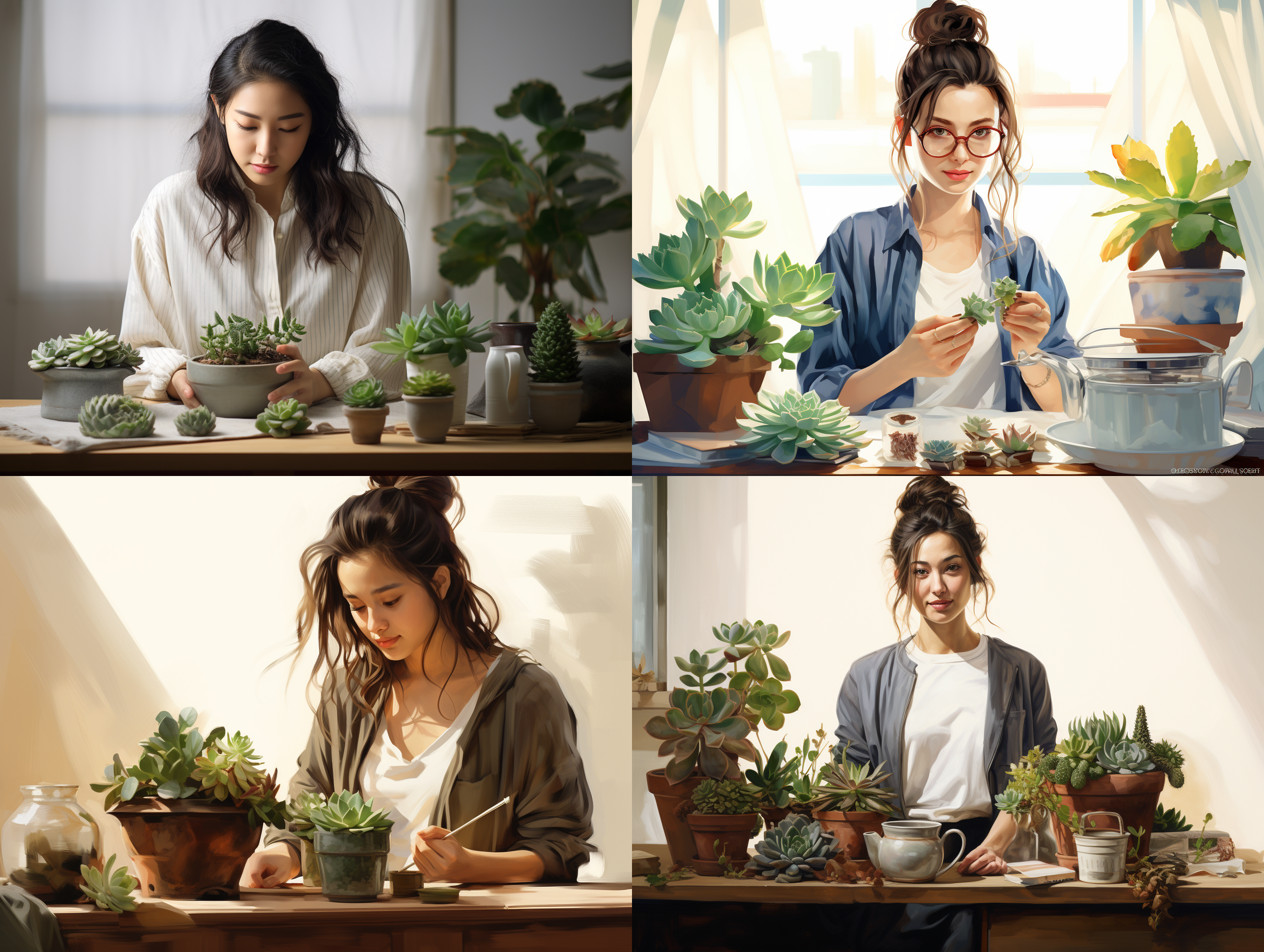 一盆多肉植物，室内， 暖光，欧式台面，一个中国女生，白色背景