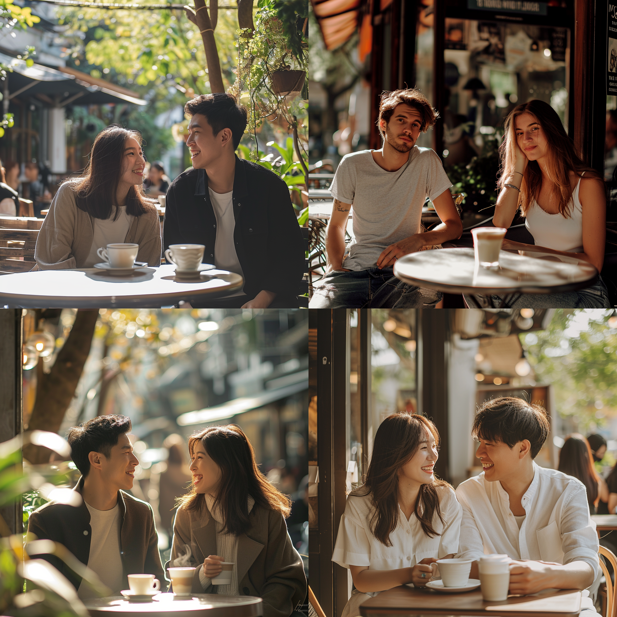 人像摄影，情侣在露天咖啡店坐着，享受咖啡。构图简洁，环境自然，镜头广角，明亮柔和的阳光照射，背景模糊，表情轻松愉快，色彩温暖，传达幸福与轻松的情感。