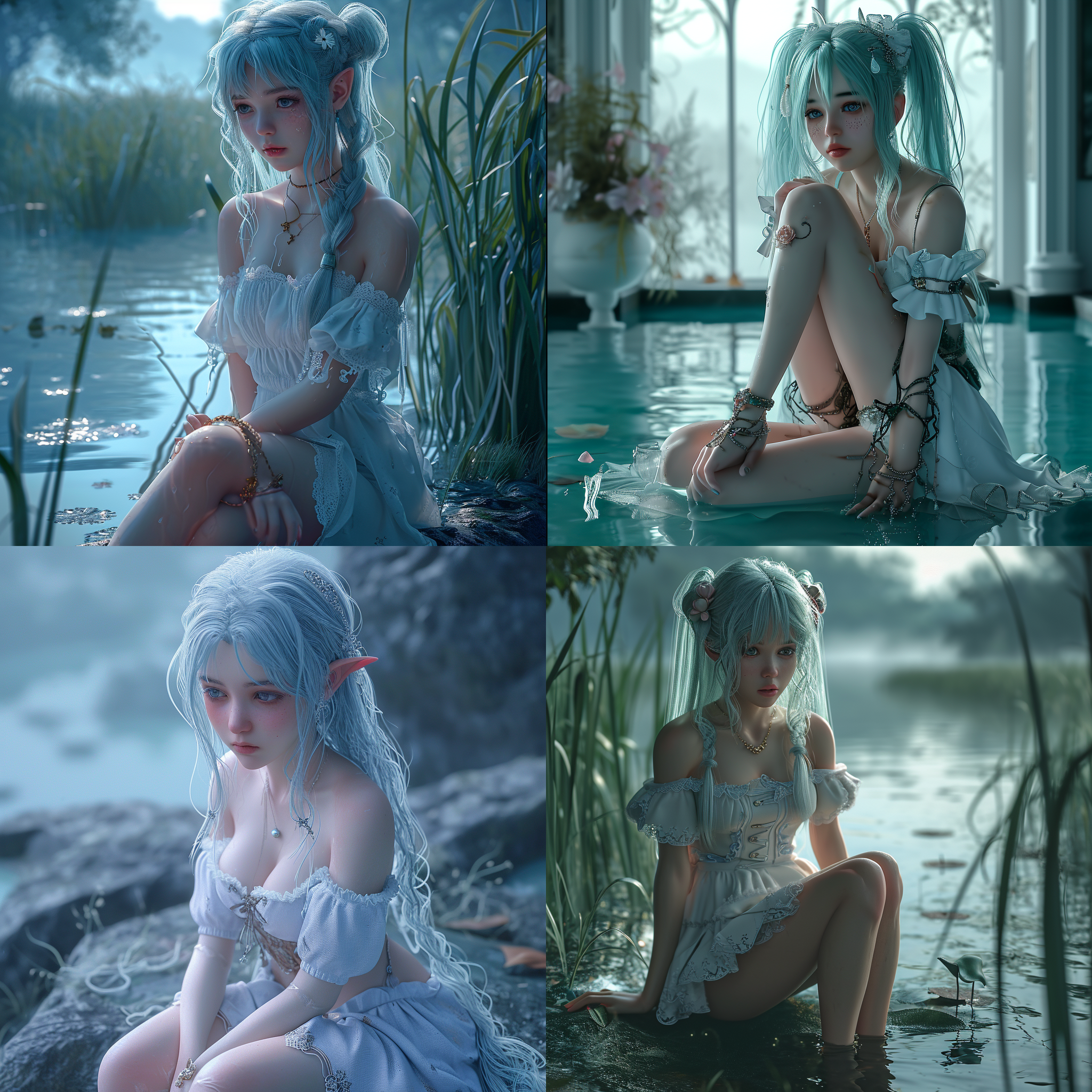 精灵少女，高品质cg照片，忧郁的表情，抬起双腿，五官精致，完美身材，正确比例，水蓝色头发，马尾，高分辨率，细腻描绘，纯欲氛围，可爱。