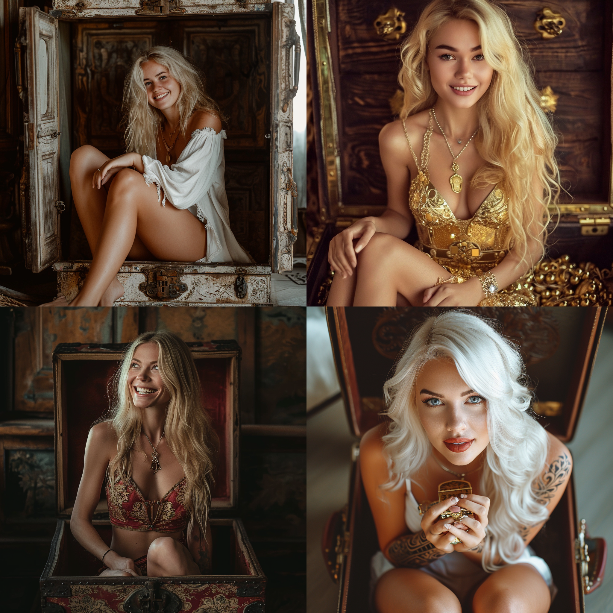 金发美女坐在财宝箱子里，微笑面对镜头。特写腿部，细节，清晰背景，超高清8k分辨率，真实摄影图片，金银色调，柔和侧光，自然环境，惬意氛围，优雅动作，魅力四溢。 白黄 白黄