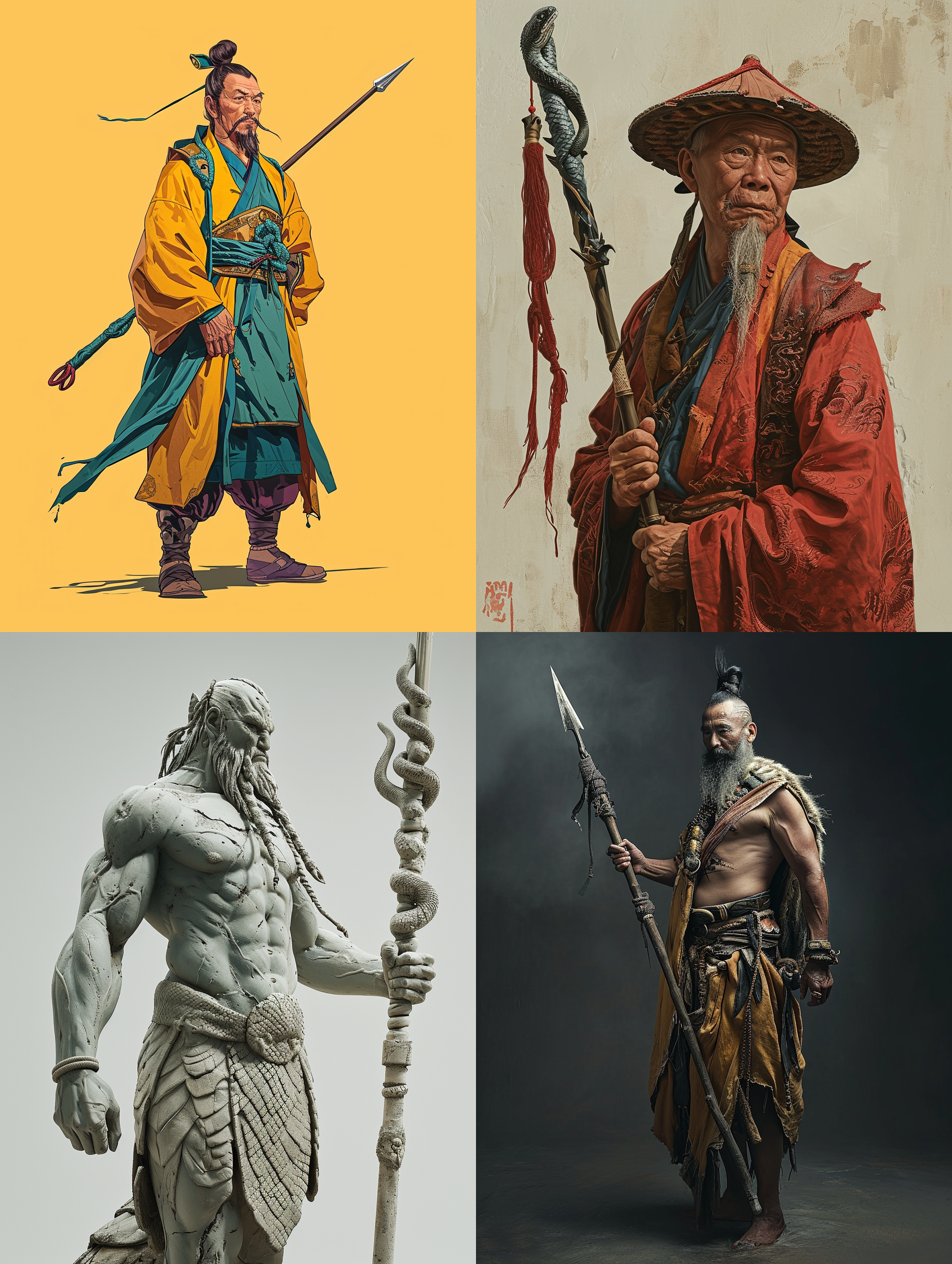 一古代侠客，相貌魁梧，八尺有余，秉性刚直，纯厚敦笃，手持八丈蛇矛，摄影纪实，三分构图，纯色背景，极简主义