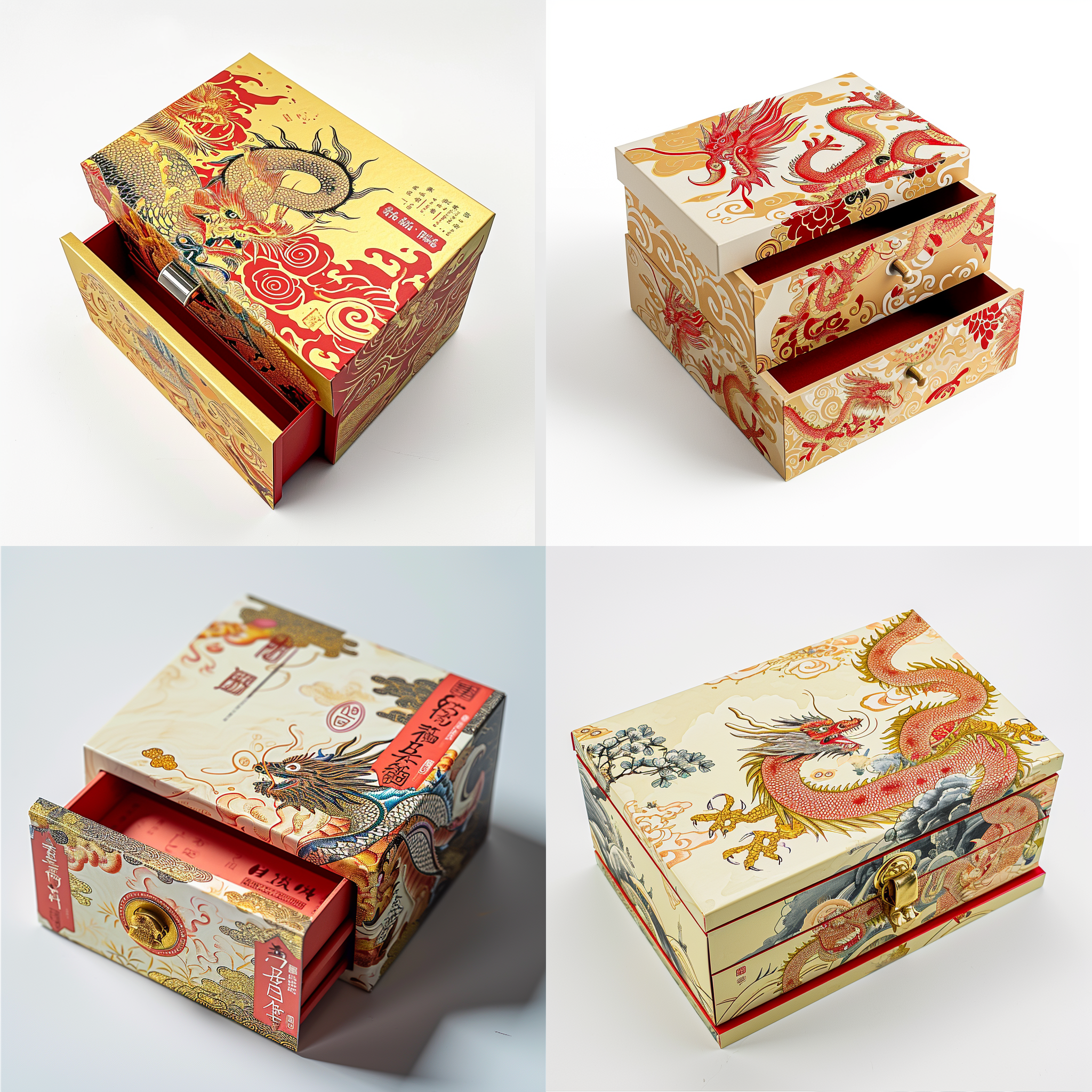 一个双层抽屉造型的零食包装盒，淡金色与红色主色调，国潮风格,梦幻般的插画，1只卡通龙元素，瓦楞纸材质,高细节,双色印刷，产品摄影，影棚光照，中国新年氛围，白色背景