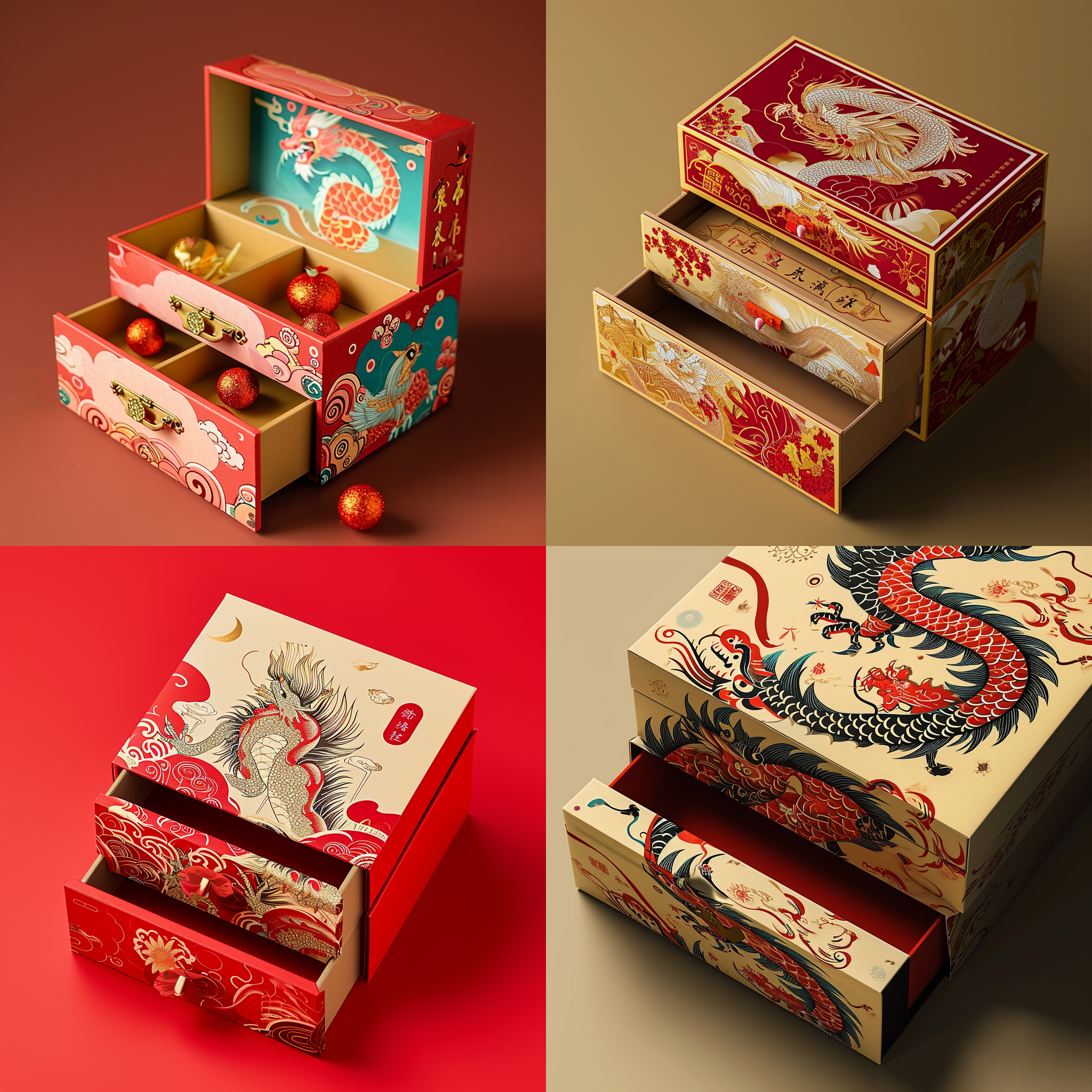 一个双层抽屉造型的零食包装盒，淡金色与红色主色调，国潮风格,梦幻般的插画，1只卡通龙元素，瓦楞纸材质,高细节,双色印刷，产品摄影，影棚光照，中国新年氛围