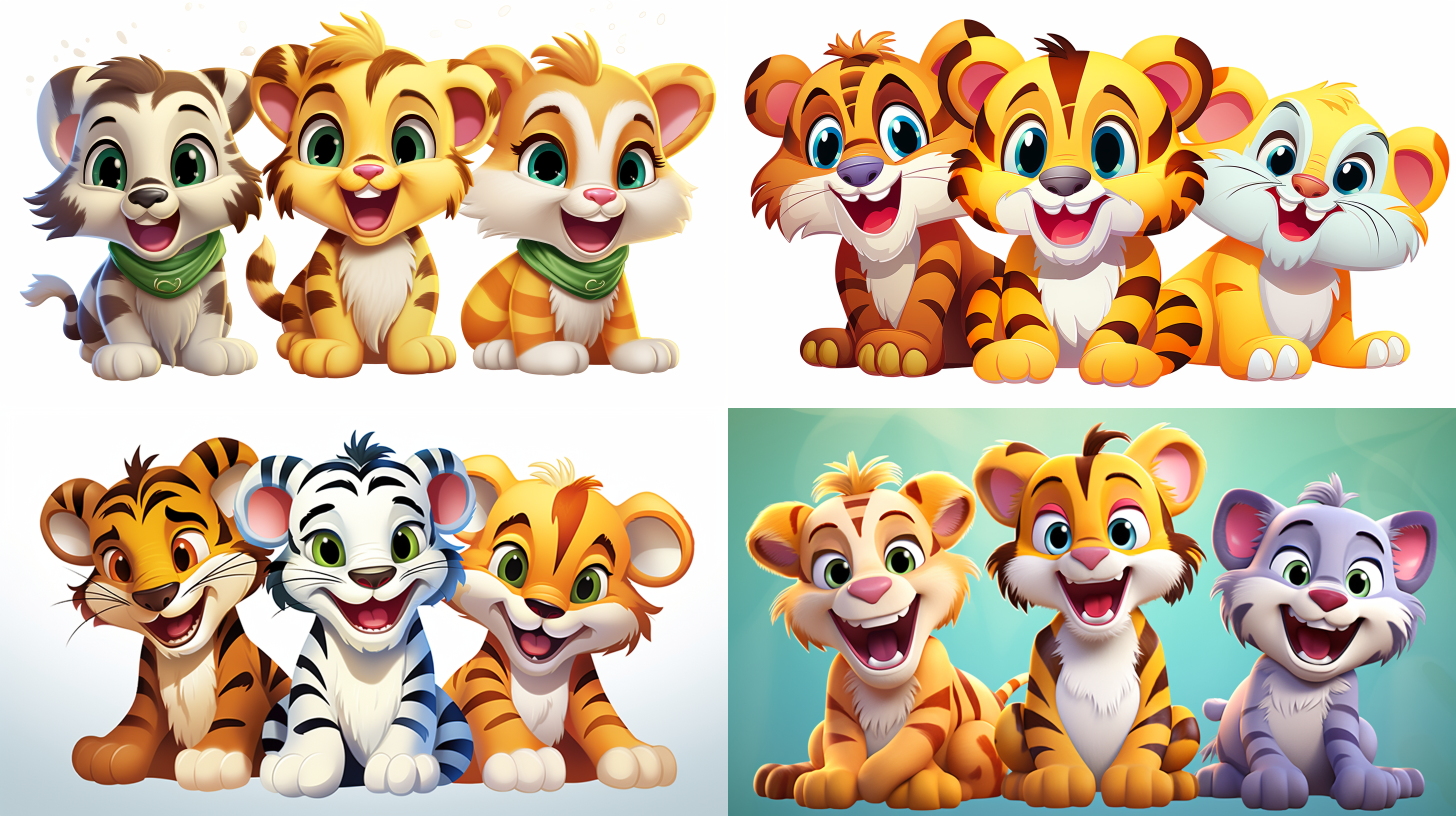 三只老虎的标志，卡通，三只不同颜色的可爱老虎，青春的主角，夸张的面部特征，动画的活力，童真的人物，顽皮的漫画 动画艺术