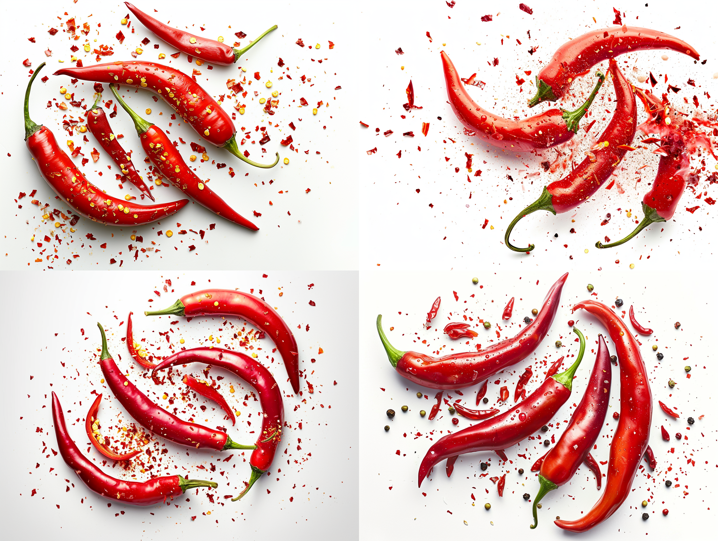 炸开喷溅碎片的红辣椒，白底素材