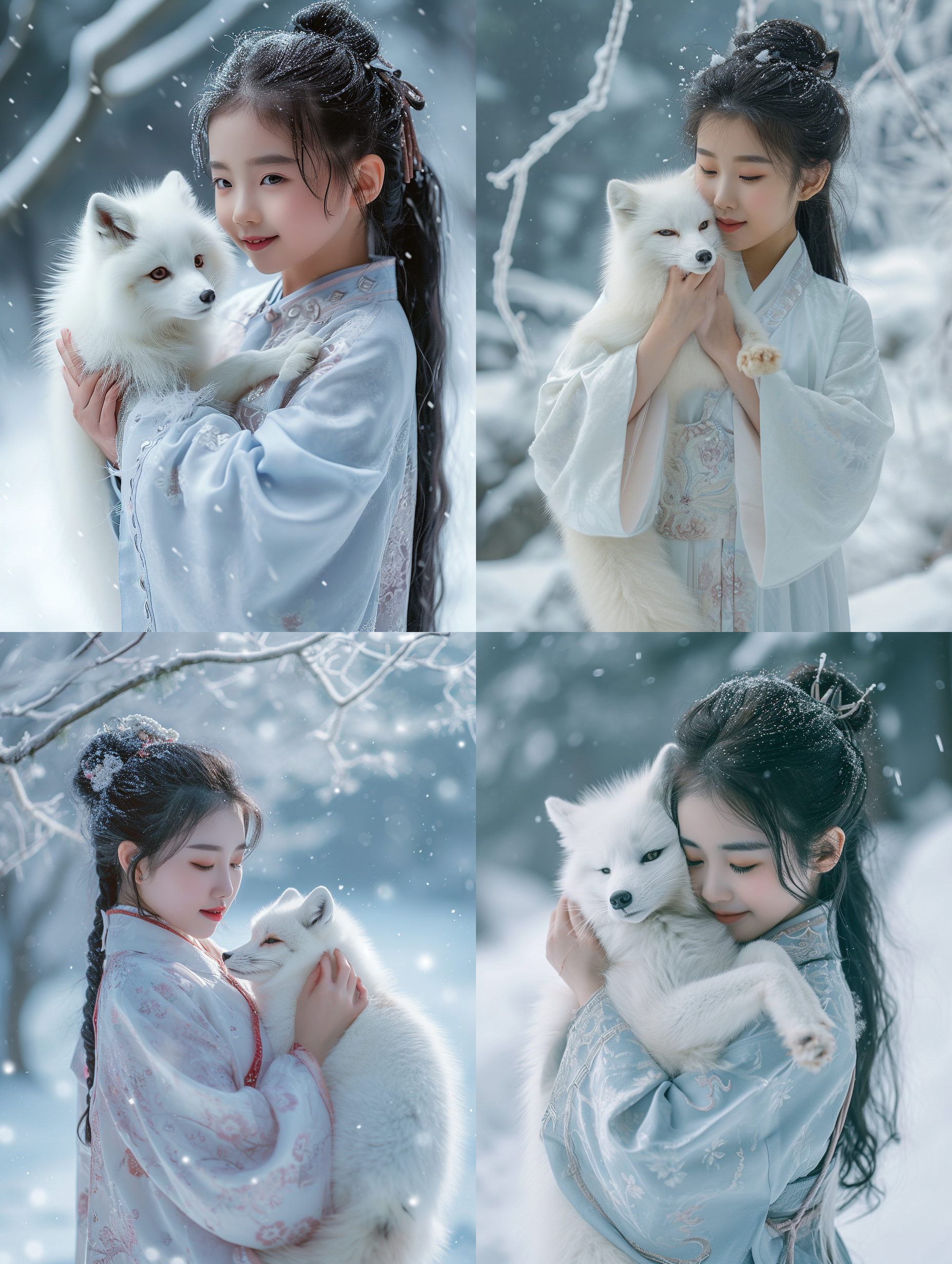 ​midjourney咒语|摄影纪实女孩与白狐 ​🖊关键词： a little oriental girl is holding a white fox, the girl is wearing hanfu, looking cute and dumb, with a smile on her face. documentary photography, the background is the ice and snow world, happy, hanfu, movie lighting. 