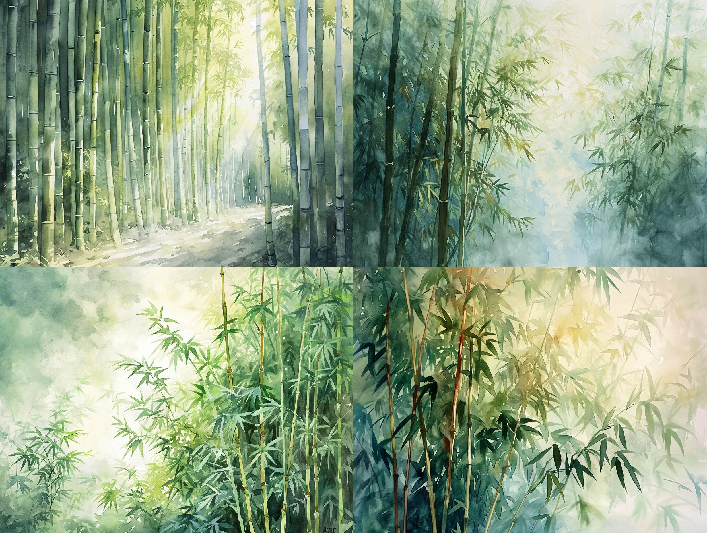 水彩画，细腻的竹林，自然光，柔和的色彩，宁静的氛围，细节丰富，层次感，透明度，渐变色，轻盈感，冷暖对比