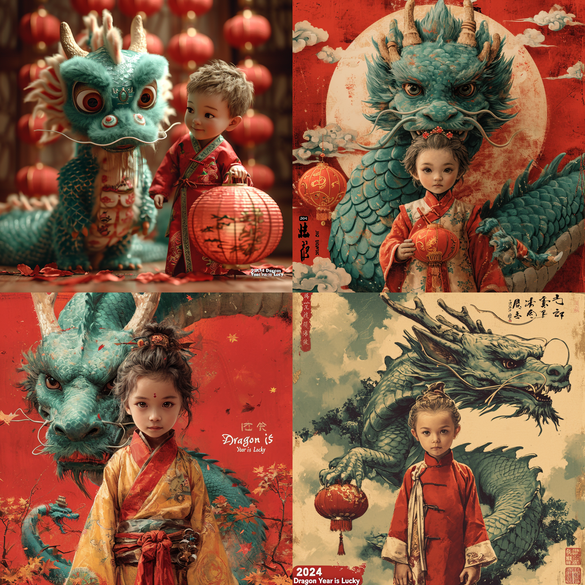 红色主题，一个盘旋的中国青龙，配合一个汉服12岁的男孩，底部艺术配字2024龙年大吉，整体效果与中国春节相结合，龙宏伟需表现全身，男孩手持春节喜庆小灯笼