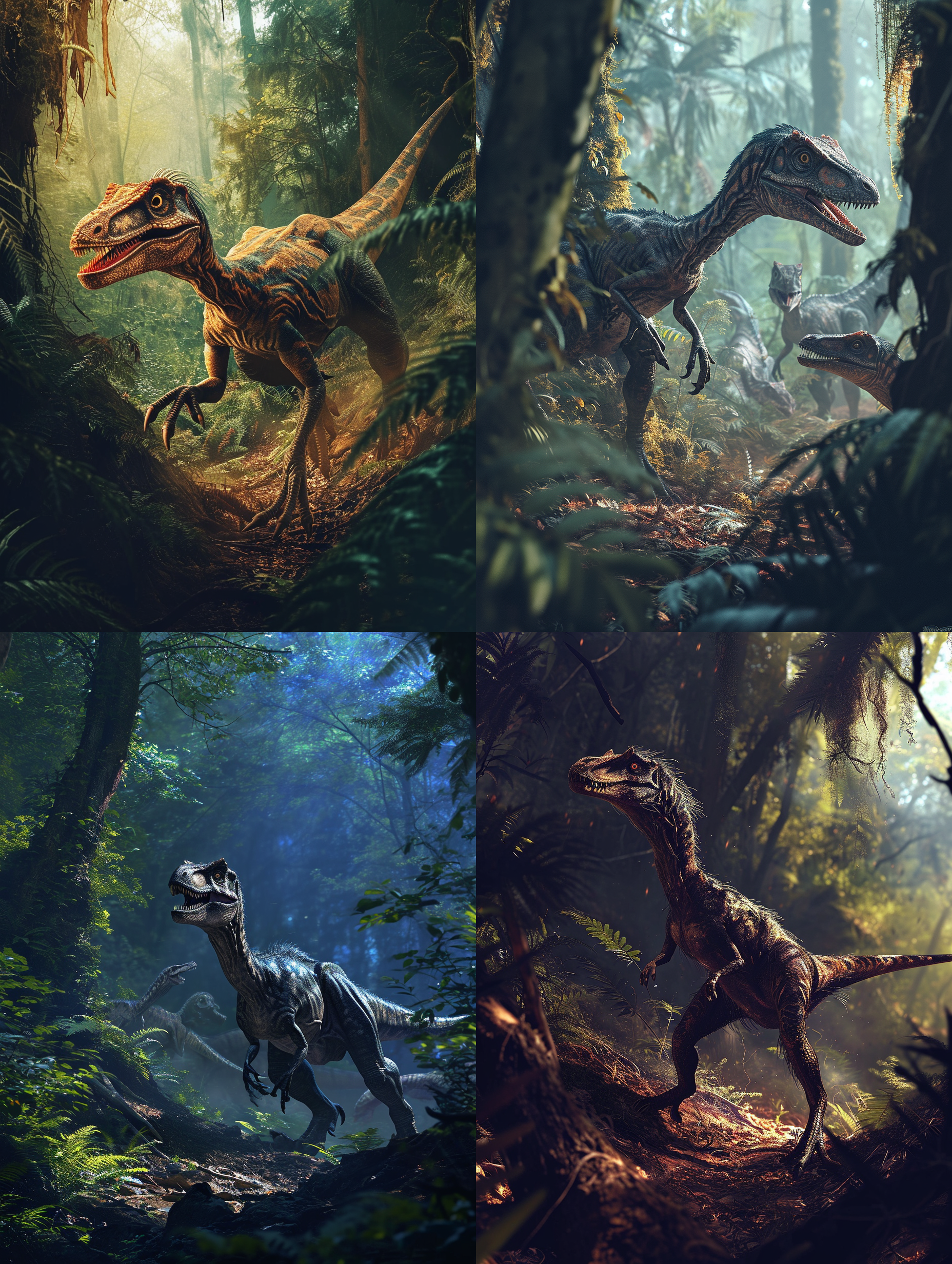 侏罗纪velociraptor，森林中，黄昏，狭缝中，锐利对比度，远景，迅猛动作，群体，倾斜构图，恐怖，原始。