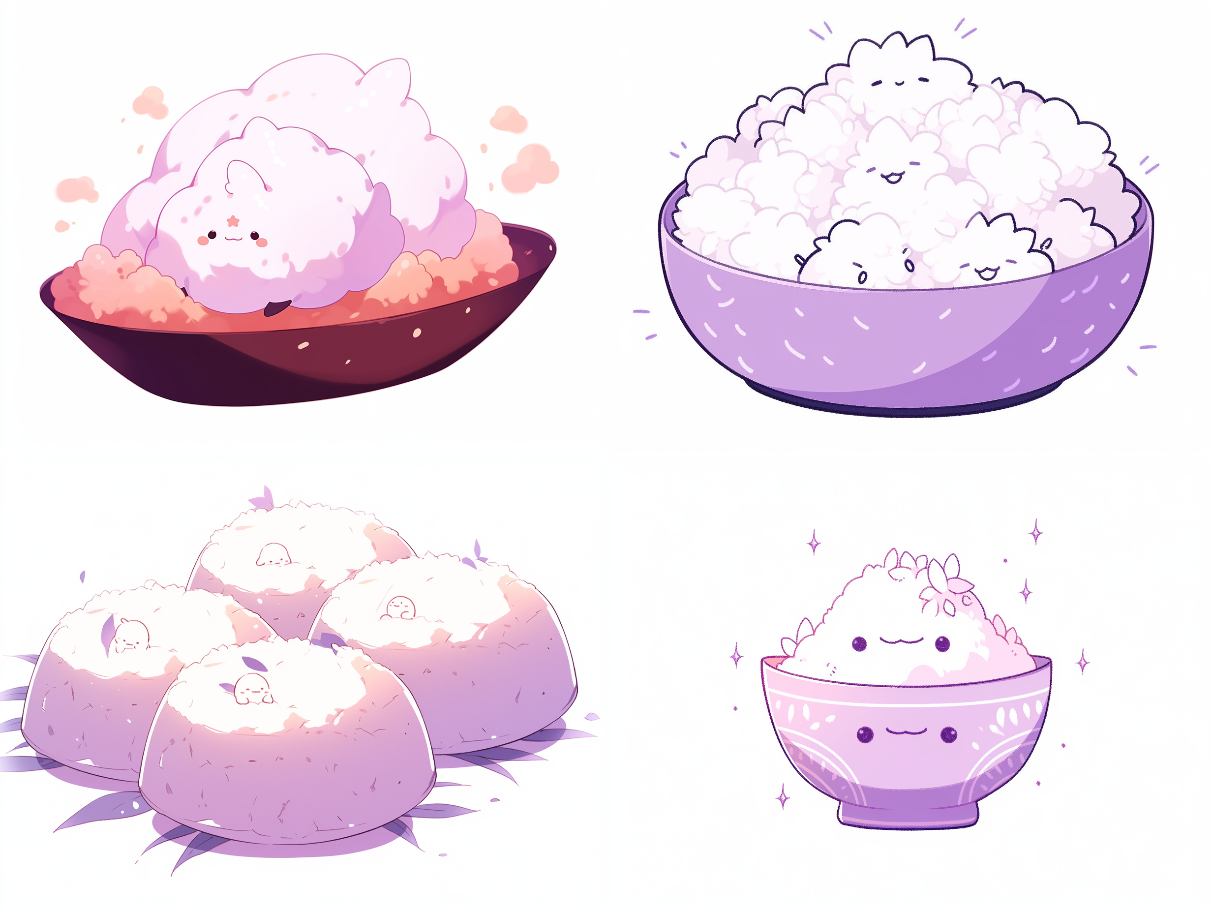 一粒紫色卡通米图片，可爱，线条风格插画，白色背景，动画艺术