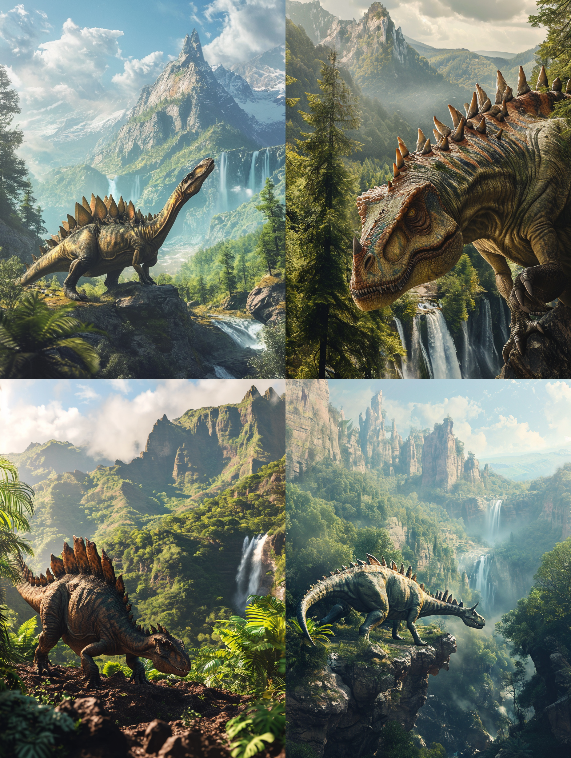 侏罗纪场景中的kentrosaurus，呈现出远处的山脉和瀑布。照片采用鸟瞰角度，将恐龙与周围环境完美融合。图像风格以真实感为主，运用了广角镜头和自然光线，突出了恐龙的细节。色调以自然的绿色和棕色为主，营造出原始的氛围。恐龙行动自然而有力，表达着力量和威严。