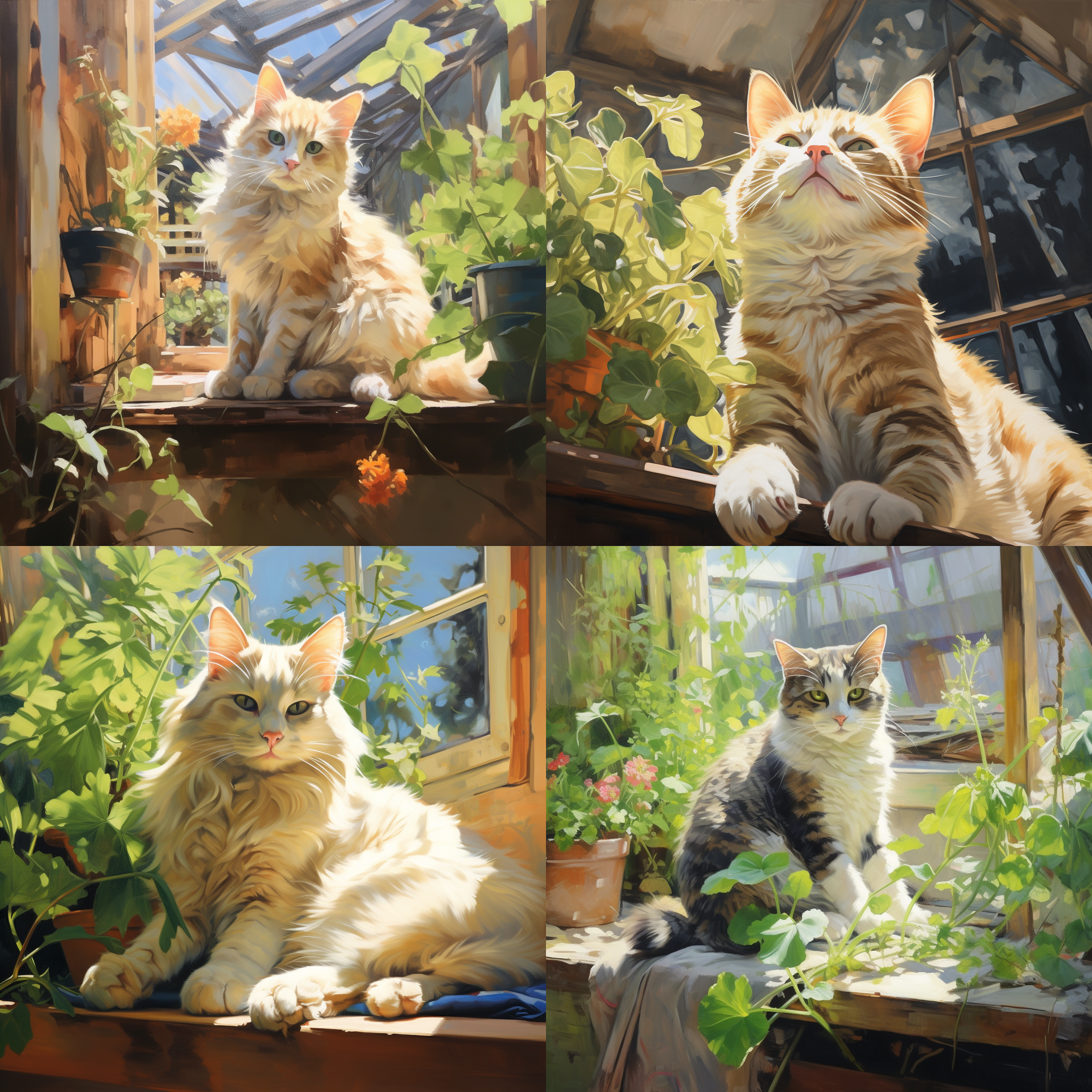 油画，稳定情绪的异瞳猫，阳台休息，晴朗天气，明媚阳光，绿植环绕，柔和色调，细节丰富，宽景角，自然光线，轻松宁静。