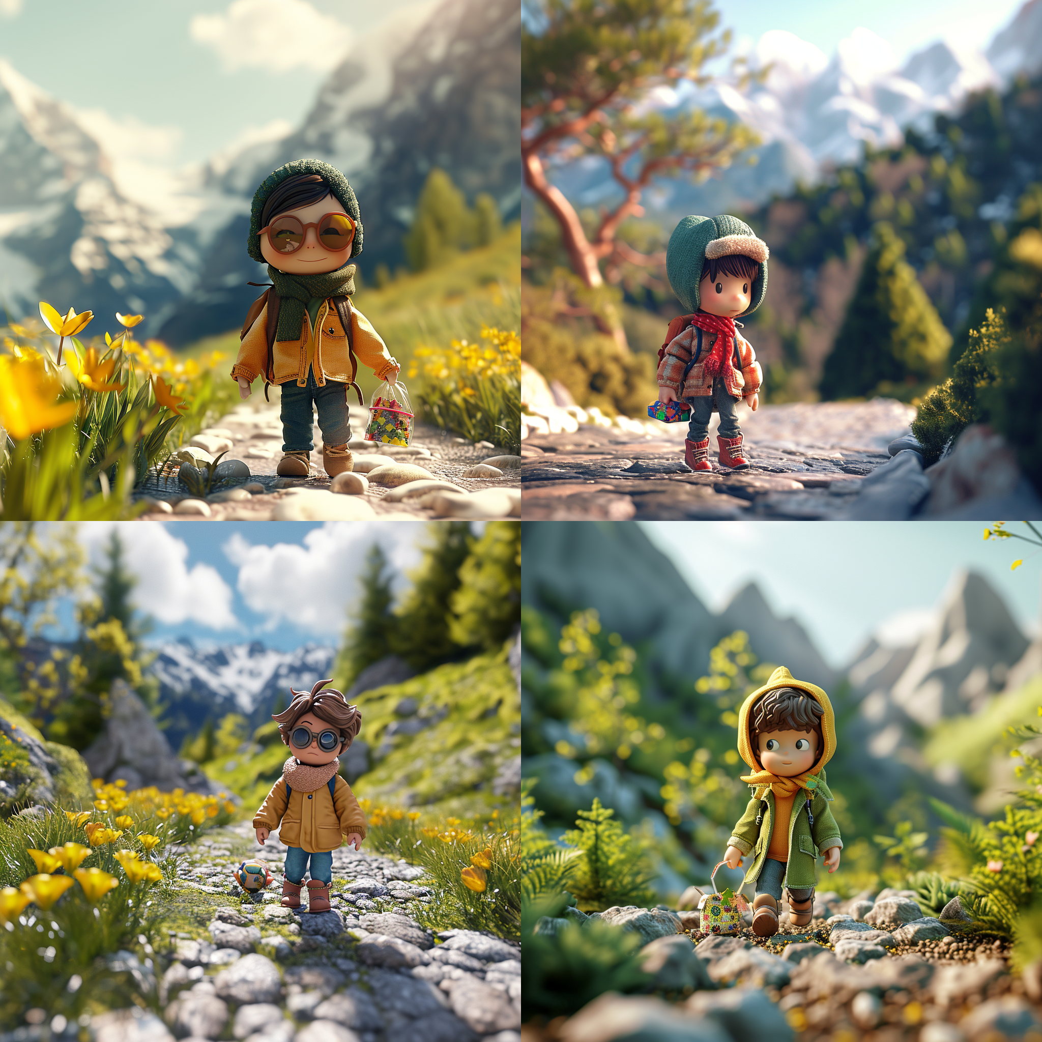 超级可爱的男孩，春天漫步在美丽的山路上，天气晴朗，光线追踪，c4d，盲盒玩具 特写 超广角 三维 oc渲染器 黏土 皮克斯 干净背景