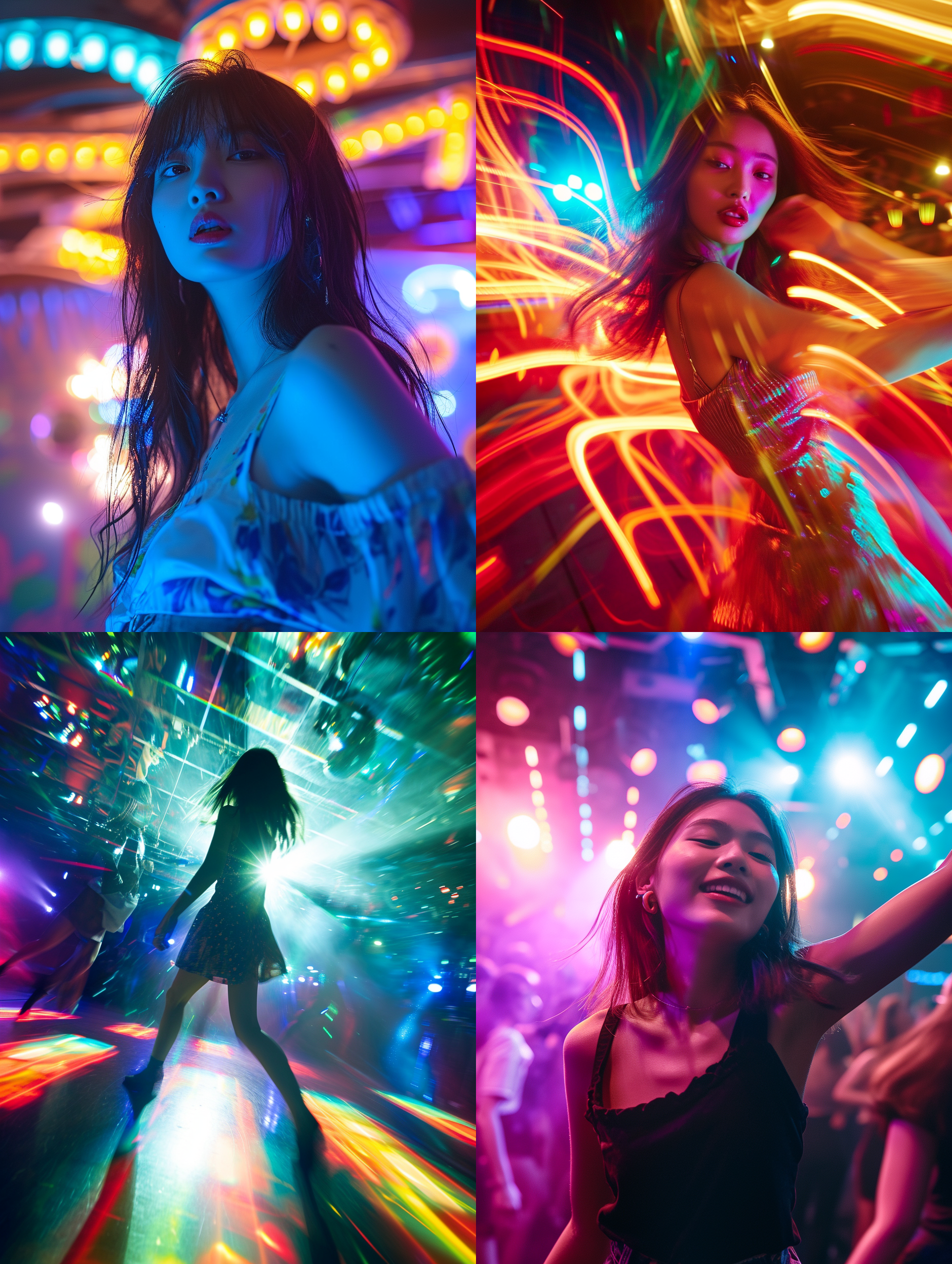夜店里，亚洲姑娘在舞池中狂欢。主题色调鲜明，充满动感的构图。闪光灯聚焦在她身上，呈现出明亮的光影效果。广角镜头捕捉到周围炫目的灯光和跳动的音乐。她舞动的身姿充满活力，表情自信而迷人。