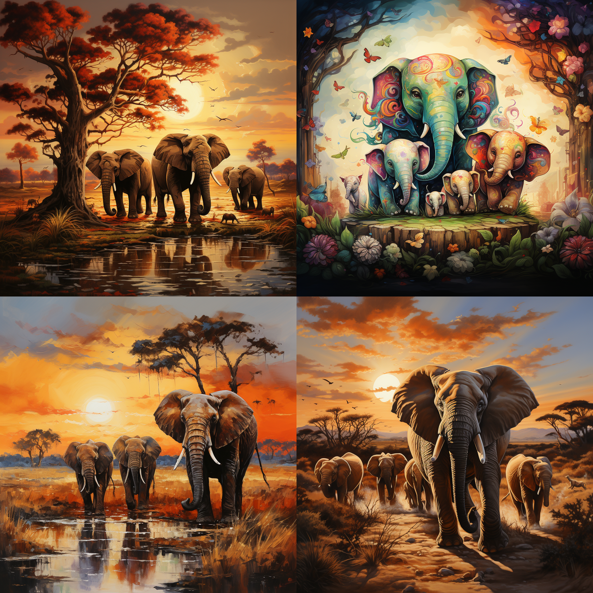 一群大象在打架，烂泥，野草，大树，傍晚的天空，彩虹