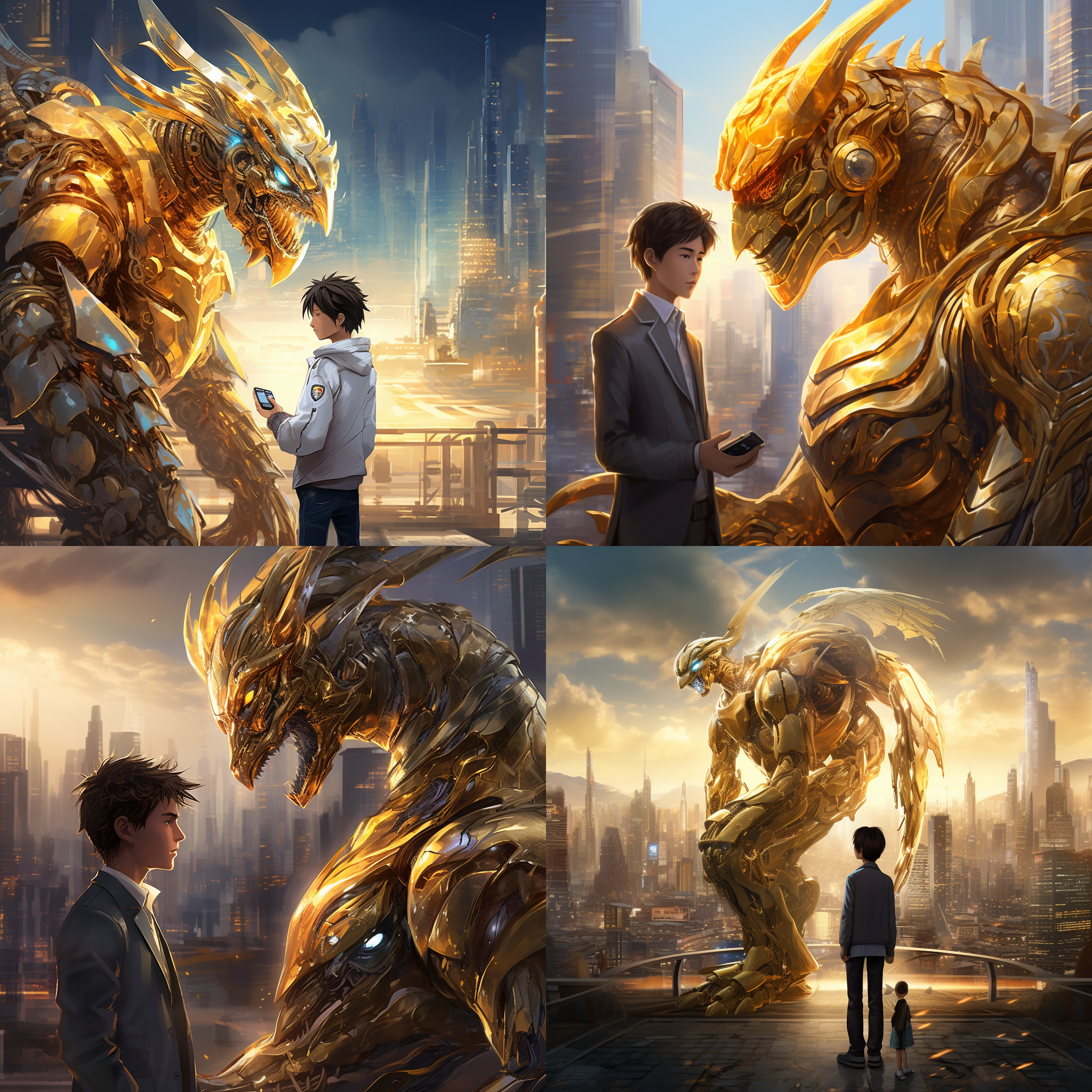 照亮整个场景 机器人和少年的眼神充满期待和冒险的勇气 线条流畅 氛围神秘 感觉超现实 高饱和度的金色龙和冷色调的城市背景形成鲜明对比 呈现出未来科技和人性的融合 prompt. 身着机甲的少年摸金色龙，高分辨率，赛博朋克城市，月亮照亮，机器人眼神，期待和勇气，线条流畅，超现实，高饱和度，冷色调，未来科技和人性融合