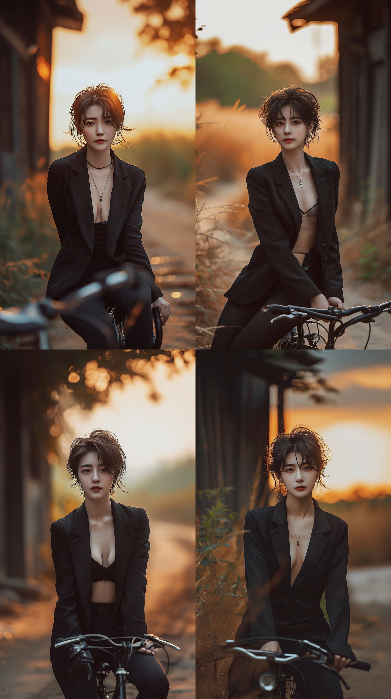 乡村道路上，黄昏时分，一辆自行车穿越着迷人的田野。构图简洁明快，使用长焦镜头突出主体，背景模糊，传达宁静与自由。夕阳的柔和光线洒在道路上，温暖的色调强调出乡村的温馨氛围。骑车者身姿挺拔，表情放松愉悦，传递着快乐和自由的情感。