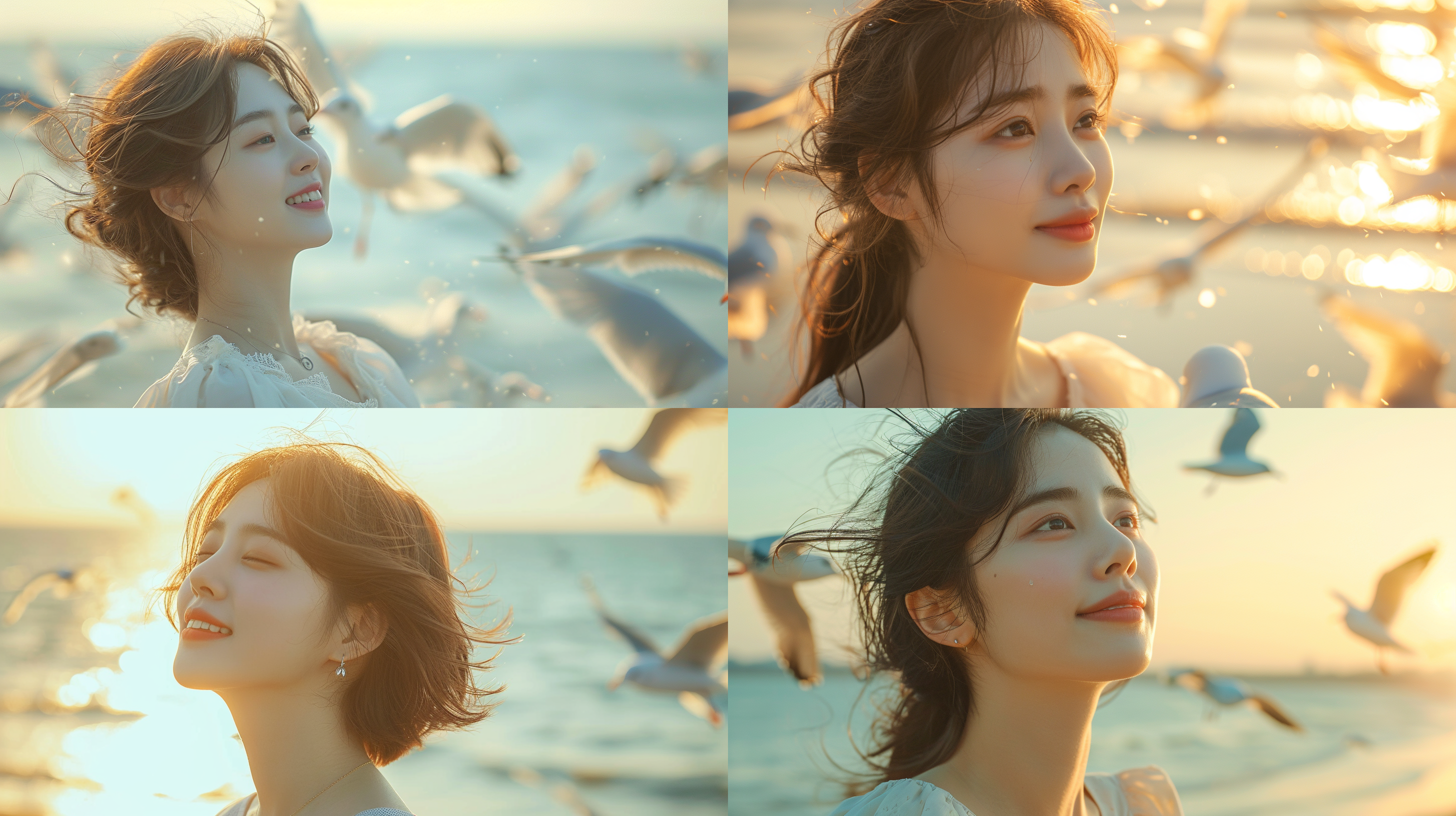 大海边，韩国美女，清纯，窈窕身材，皮肤白皙，眺望大海，微笑。海鸥。清新氛围，大光圈，长焦镜头，柔光，静态，温暖色调。优雅，自信，轻松，放松，欢快