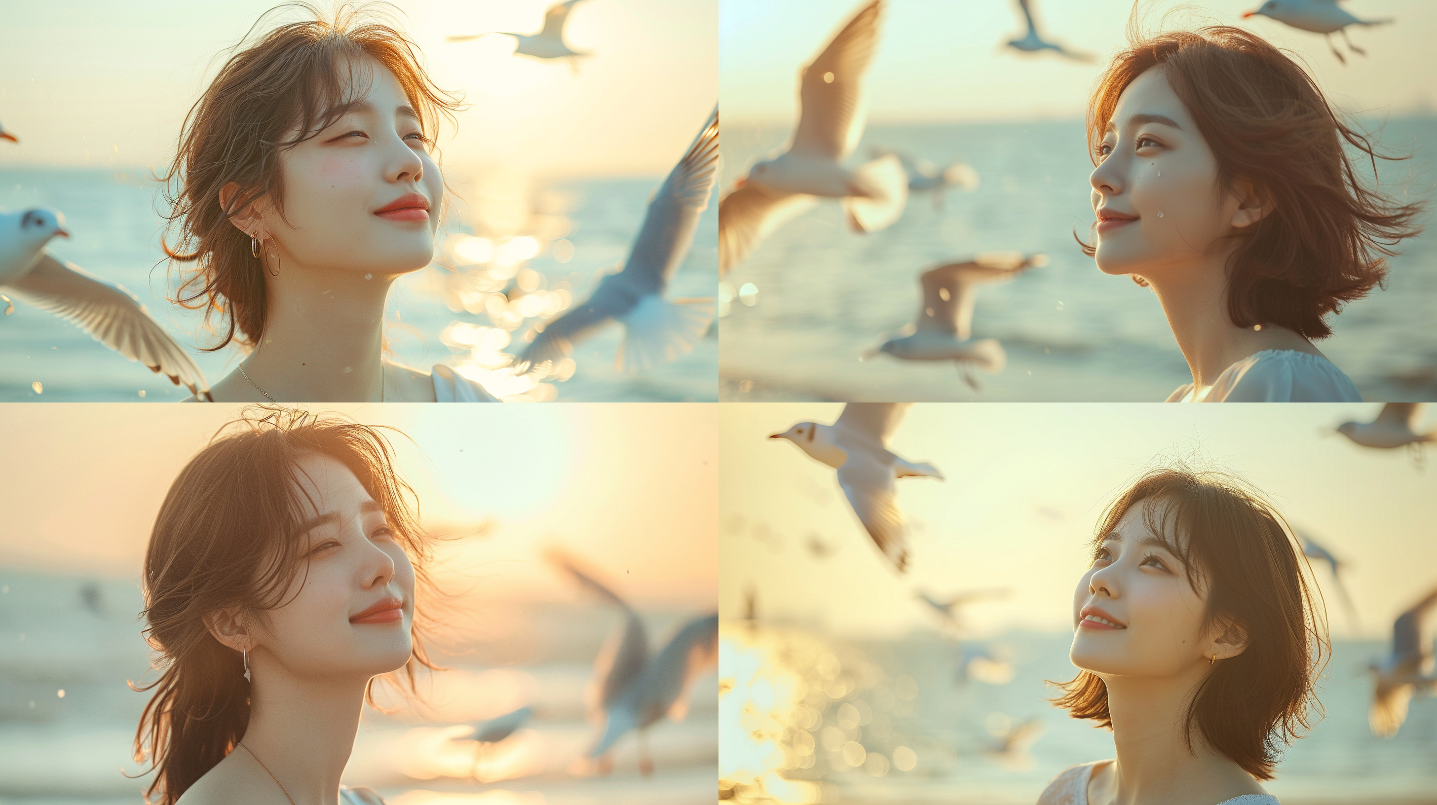 大海边，韩国美女，清纯，窈窕身材，皮肤白皙，眺望大海，微笑。海鸥。清新氛围，大光圈，长焦镜头，柔光，静态，温暖色调。优雅，自信，轻松，放松，欢快